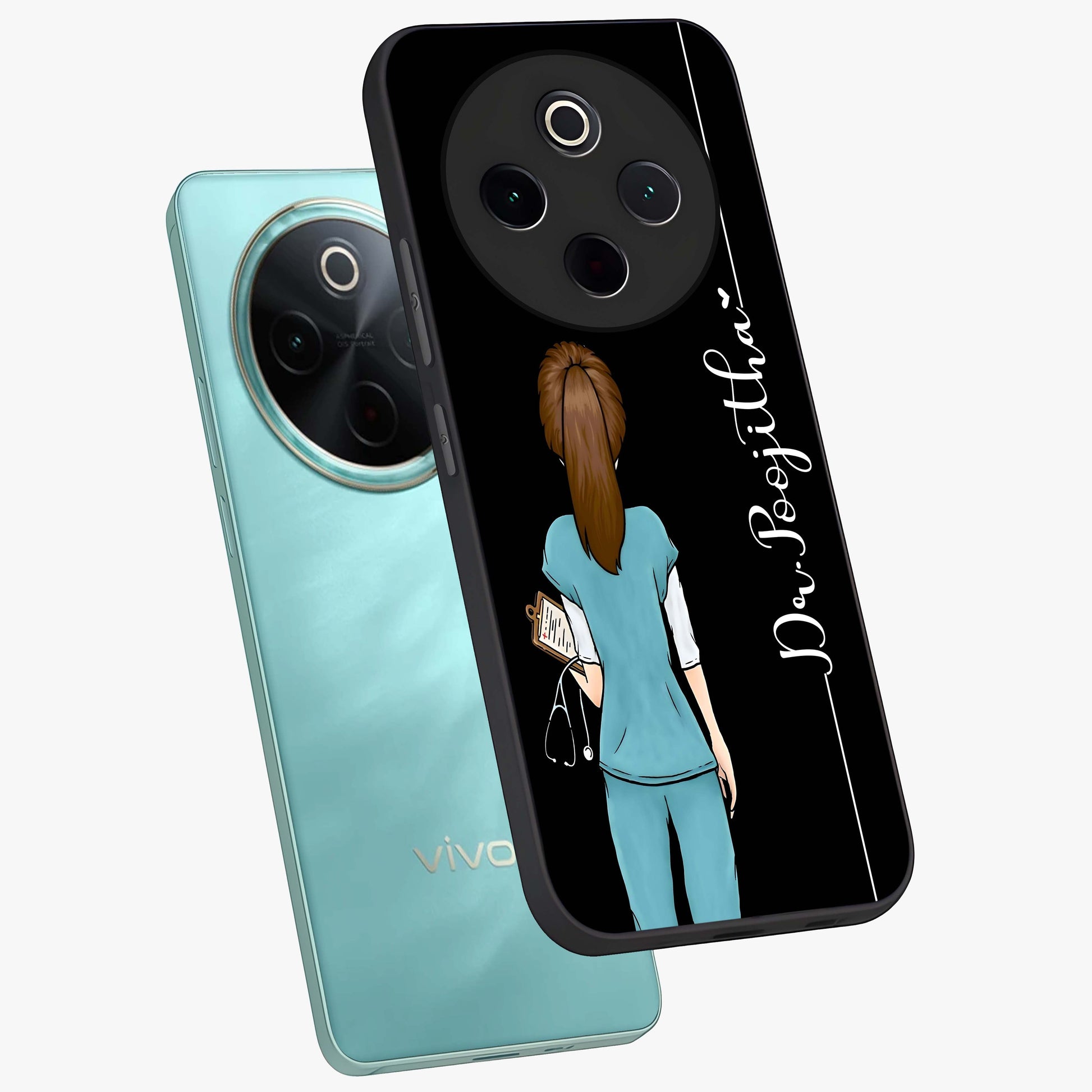 Doctor Pattern Custom Name Glass Case displayed in angled mockup highlighting doctor inspired artwork with custom name feature.