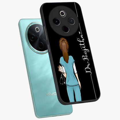 Doctor Pattern Custom Name Glass Case displayed in angled mockup highlighting doctor inspired artwork with custom name feature.