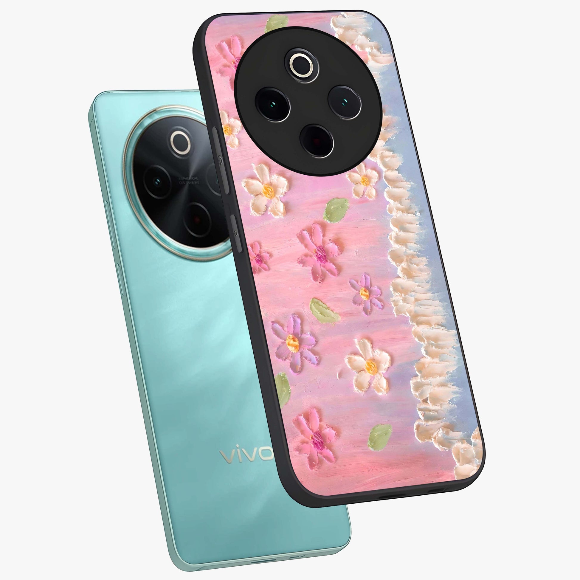 Dreamy Painted Garden Glass Case displayed in angled mockup highlighting colorful garden illustration with dreamy aesthetic style.