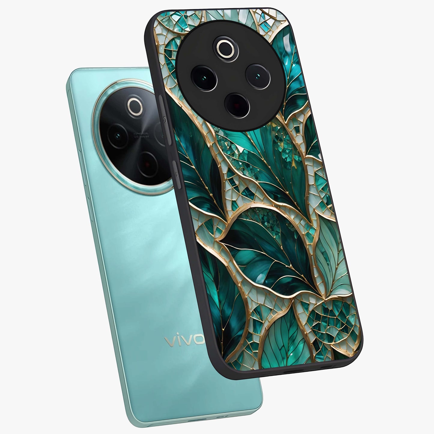 Emerald Leaf Glass Glass Case displayed in angled mockup highlighting botanical leaf illustration with elegant natural aesthetic.