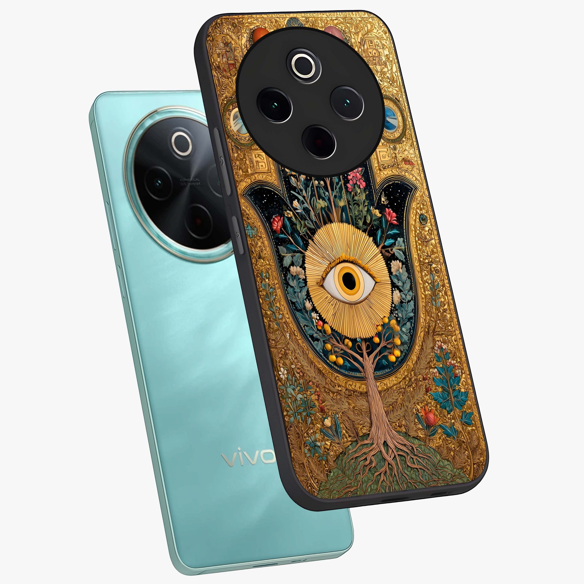 Ethereal Evil Eye Glass Case displayed in angled mockup highlighting protective evil eye symbol with spiritual aesthetic design.