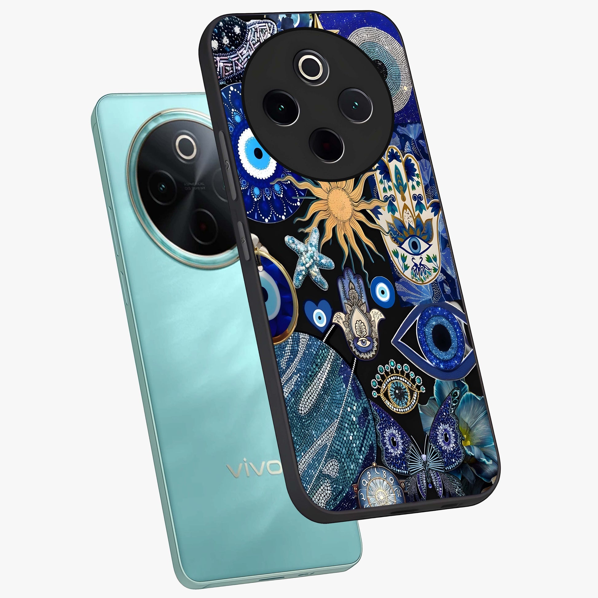 Evil Eye Charm Mix Glass Case displayed in angled mockup highlighting protective evil eye symbols with spiritual aesthetic design.