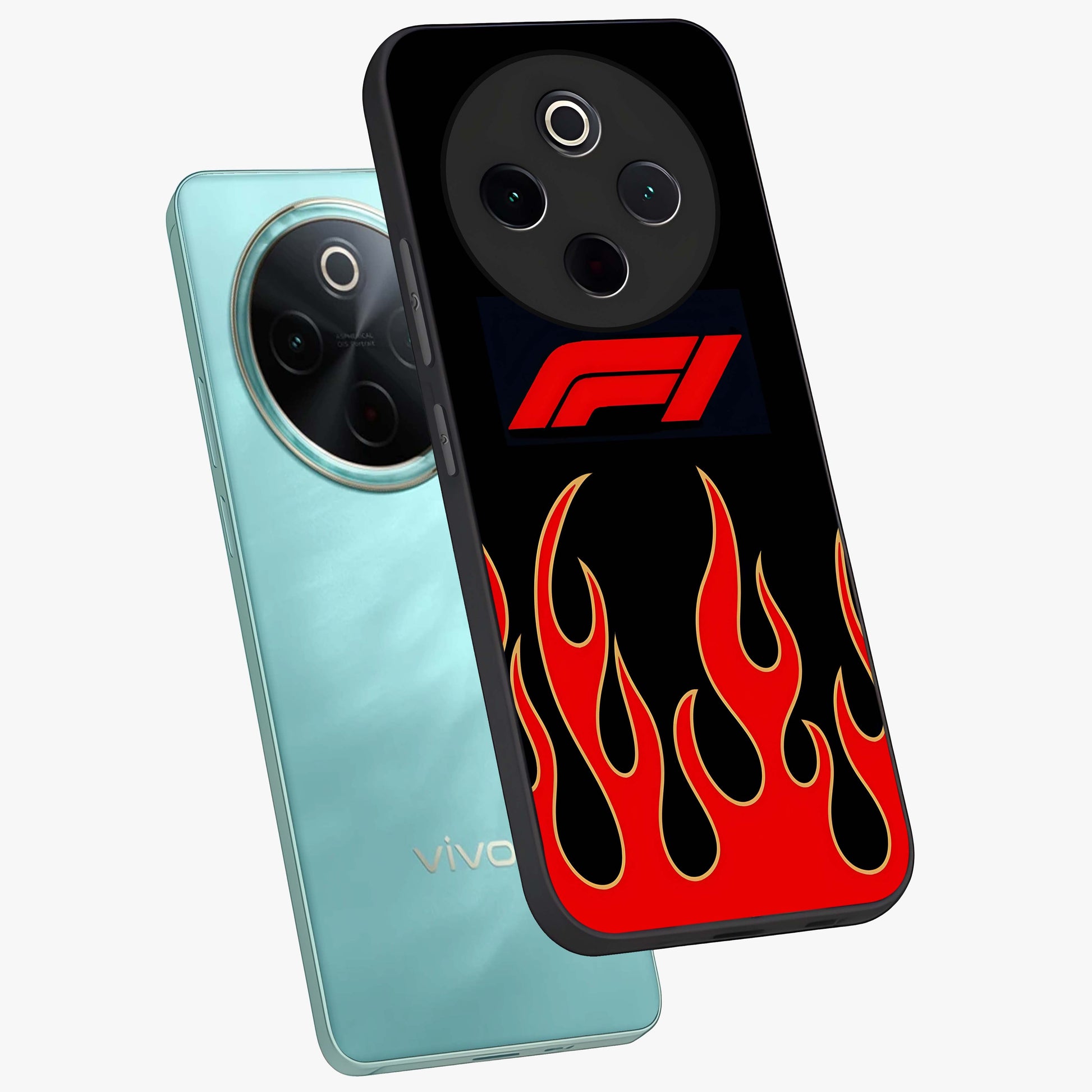 Fire F11 Glass Case displayed in angled mockup highlighting bold fire inspired graphic with energetic aesthetic style.