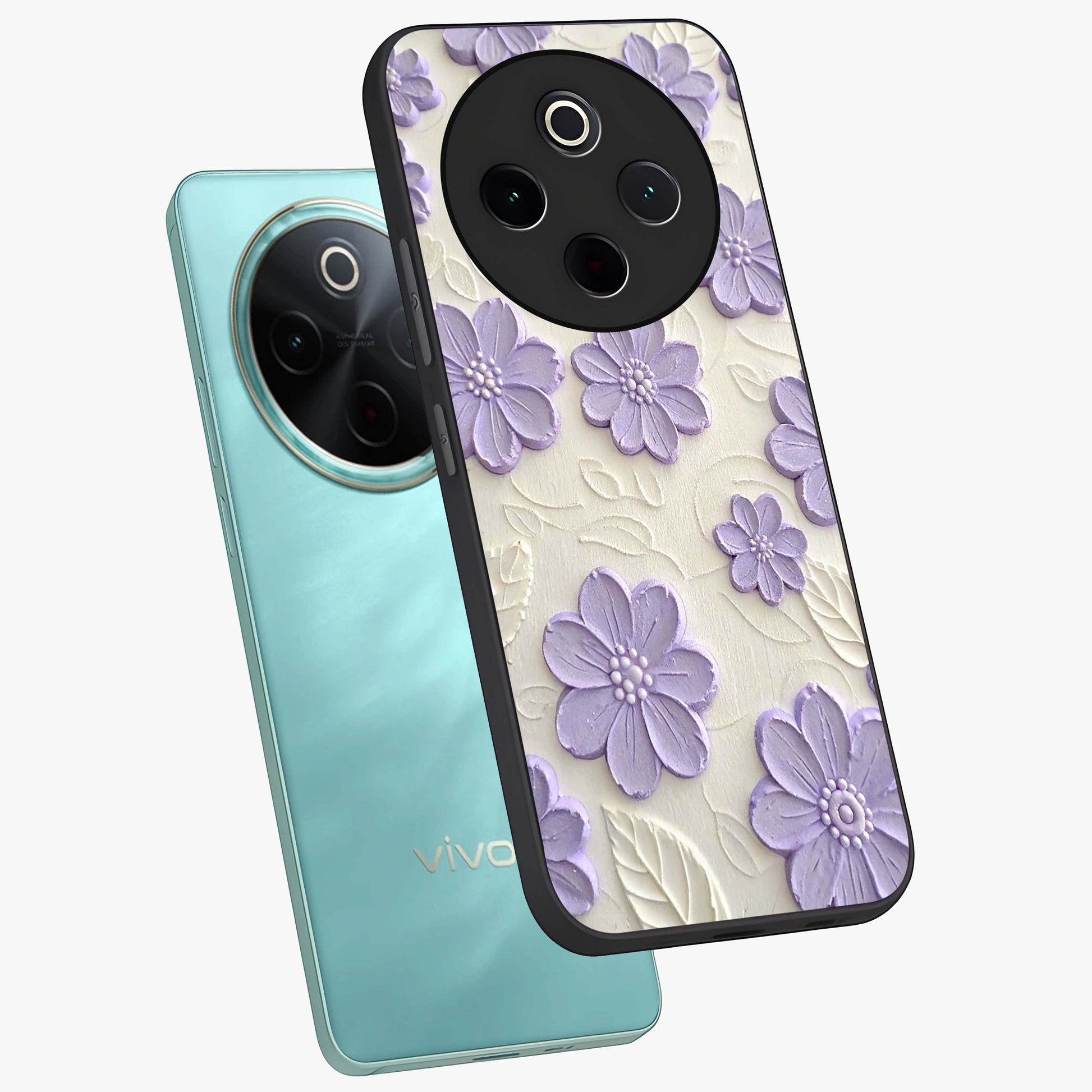 Floral Wall Art With Purple Flowers Glass Case displayed in angled mockup highlighting vibrant purple floral illustration with artistic aesthetic.