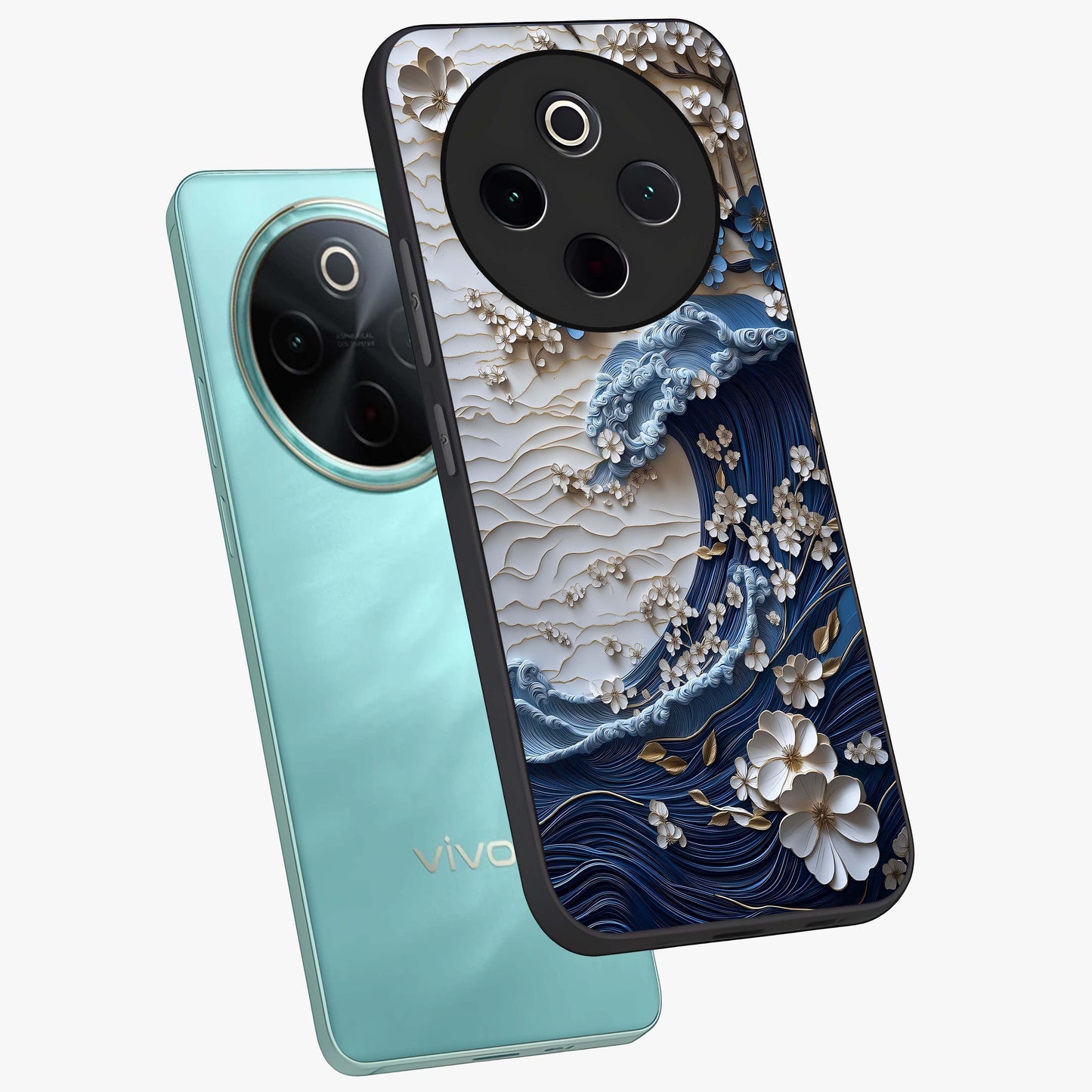 Floral Wave Origami Glass Case displayed in angled mockup highlighting geometric origami flower design with modern aesthetic style.