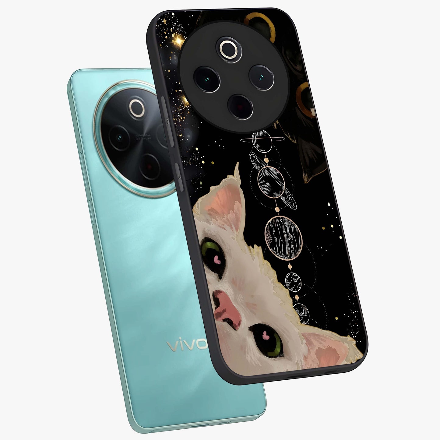 Galactic Cat Glass Case displayed in angled mockup highlighting celestial feline illustration with galaxy aesthetic style.