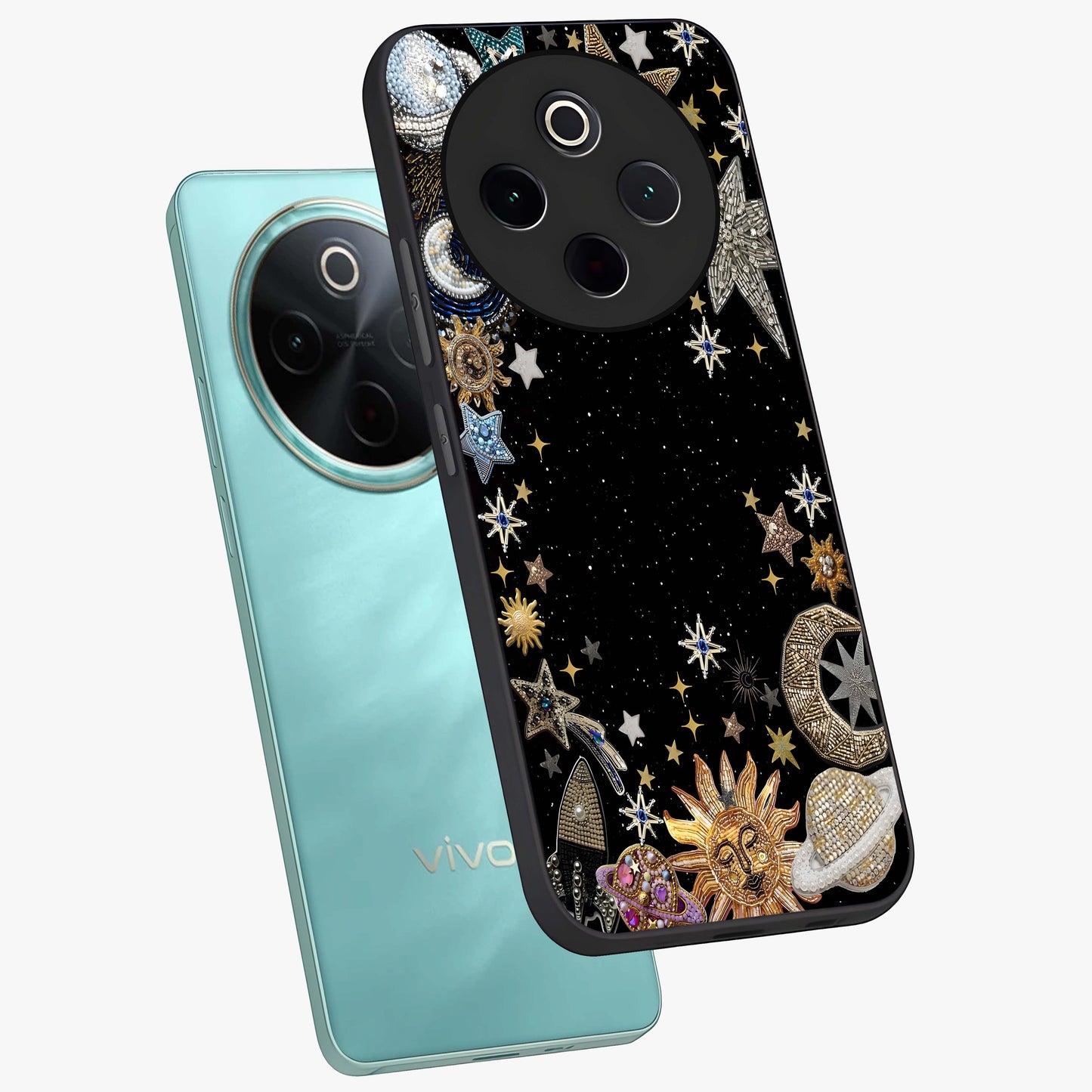 Galactic Jewel Stars Glass Case displayed in angled mockup highlighting shining celestial star design with cosmic aesthetic style.