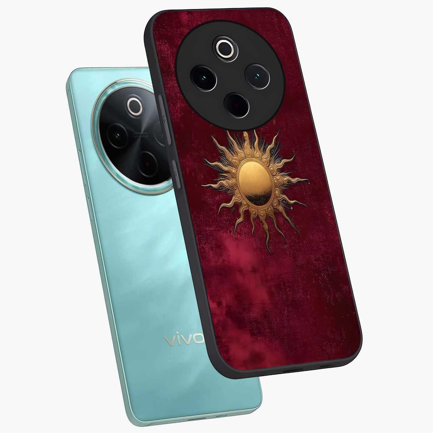 Golden Sun Minimalism Glass Case displayed in angled mockup highlighting clean sun symbol design with modern minimal aesthetic.