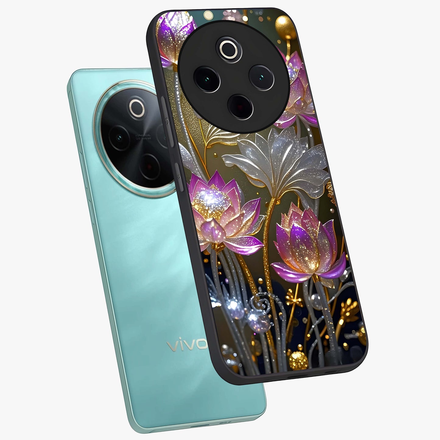 Golden Floral Majesty Glass Case displayed in angled mockup highlighting elegant flower design with royal golden aesthetic.