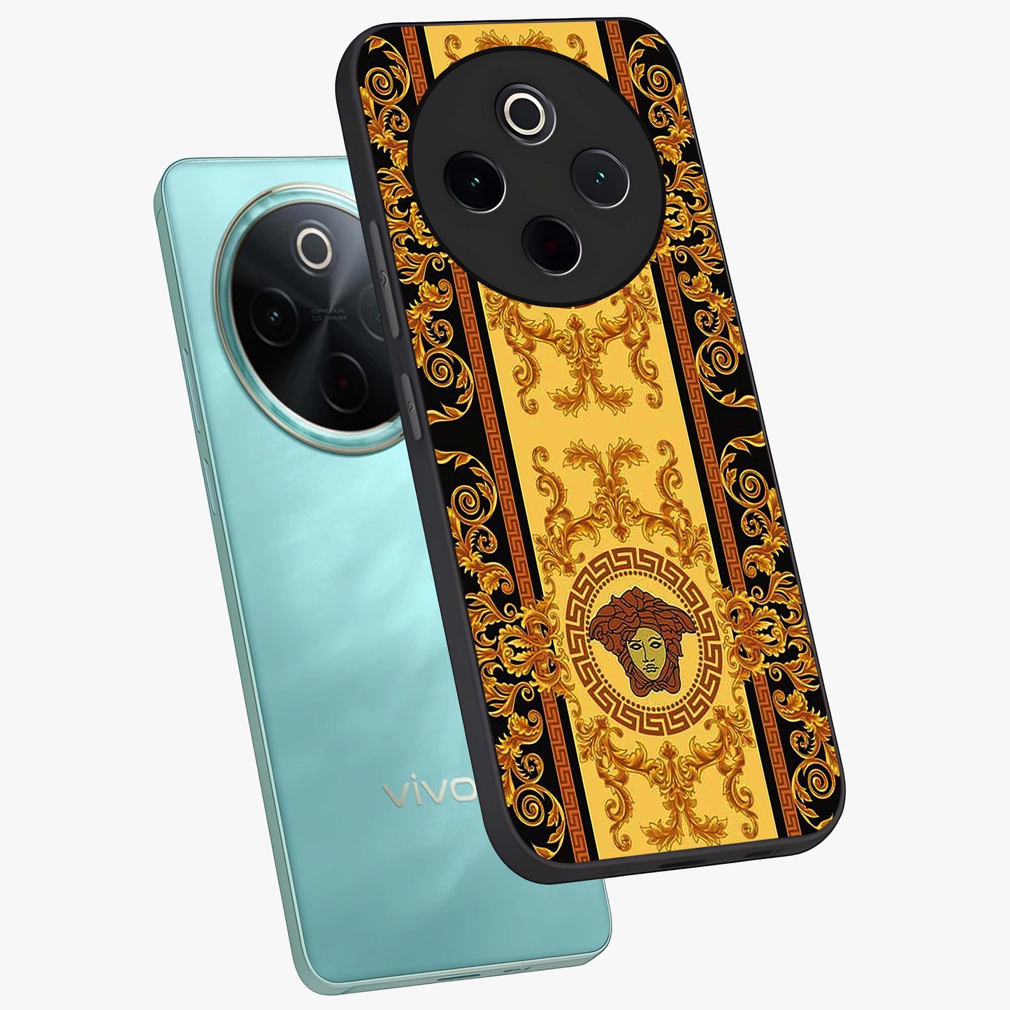 Golden Lotus Glow Glass Case displayed in angled mockup highlighting radiant lotus illustration with spiritual aesthetic.