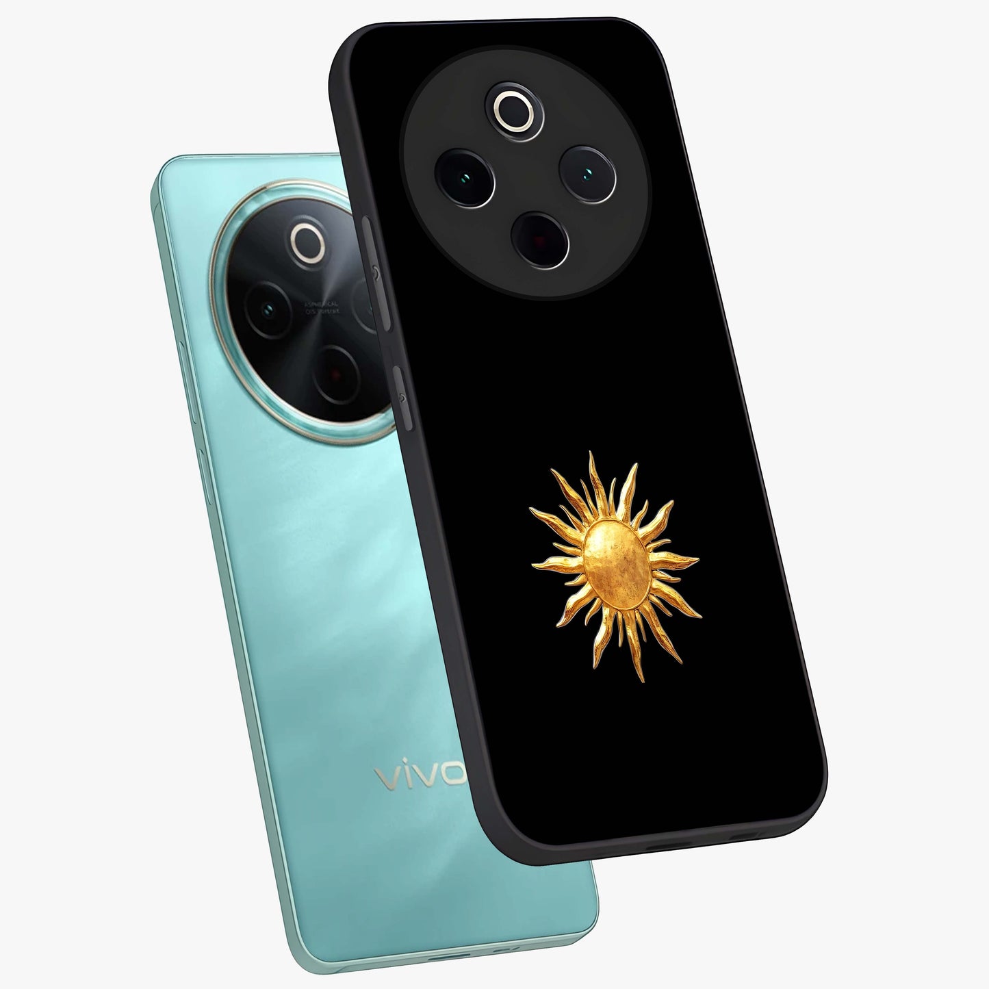 Golden Sun Minimalism Glass Case displayed in angled mockup highlighting eerie shadow illustration with gothic aesthetic.