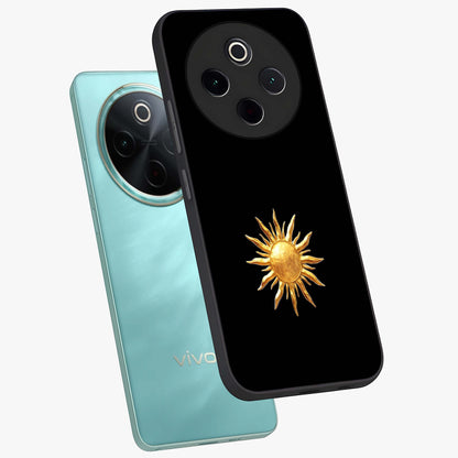Golden Sun Minimalism Glass Case displayed in angled mockup highlighting eerie shadow illustration with gothic aesthetic.