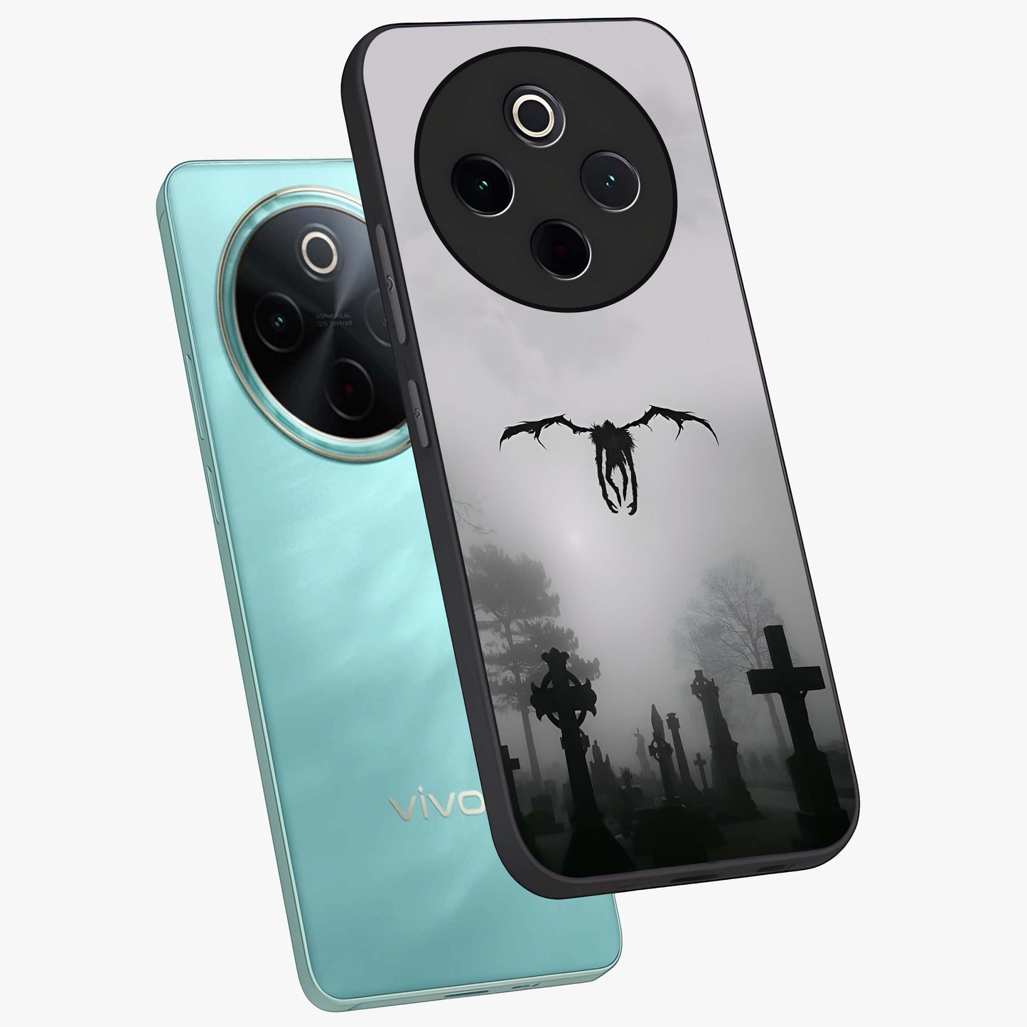 Graveyard Shadow Descent Glass Case displayed in angled mockup highlighting eerie shadow illustration with gothic aesthetic.