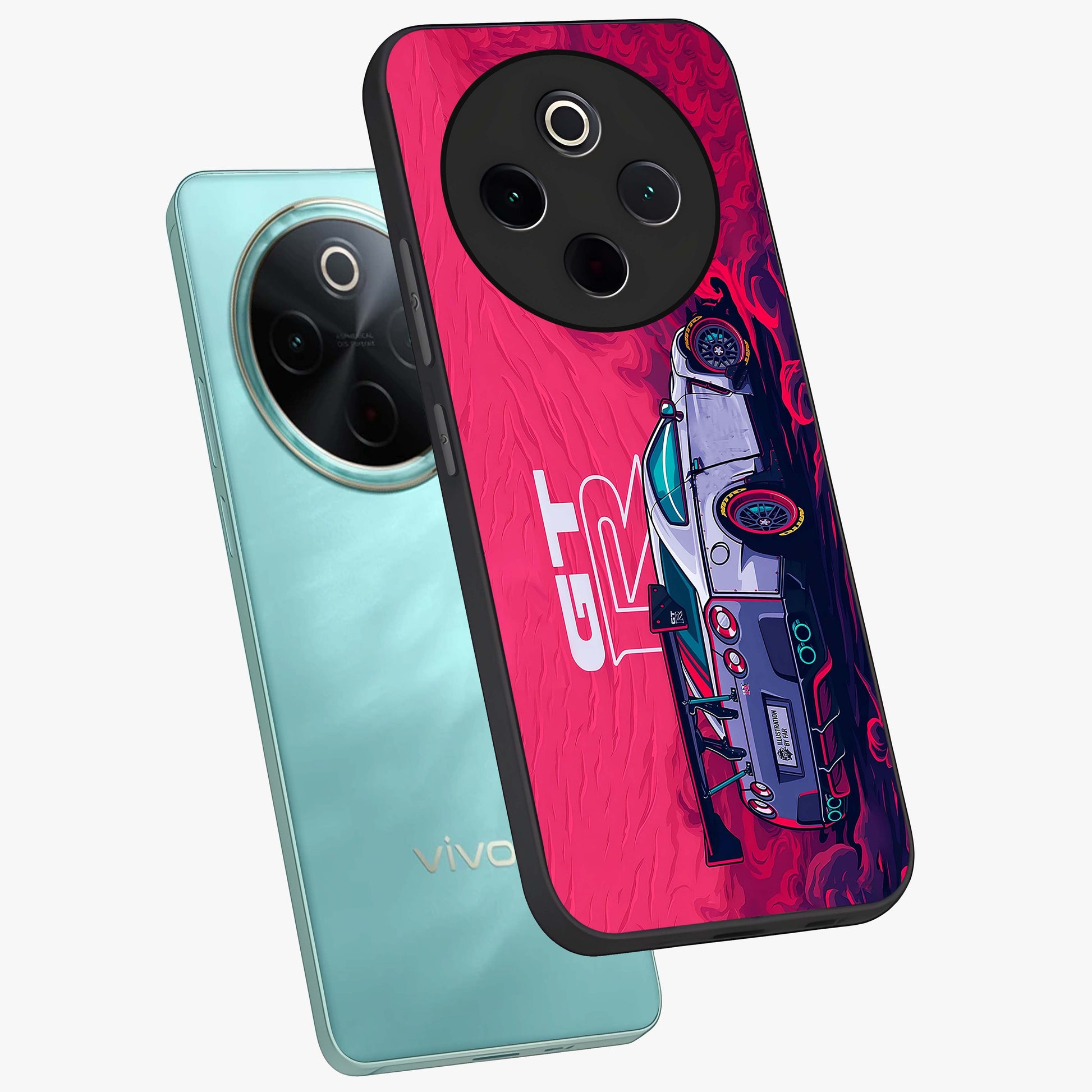 GT-R Car Pattern Glass Case displayed in angled mockup highlighting racing car graphic design with bold automotive aesthetic.