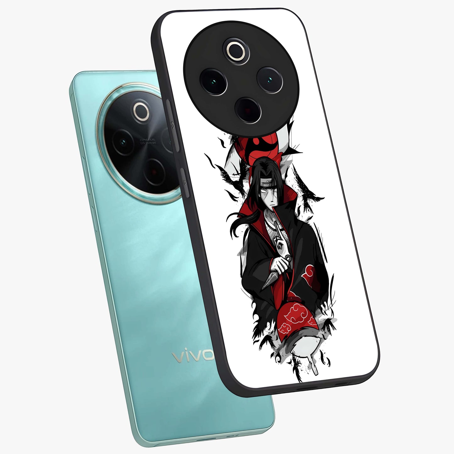 Itachi Limited Edition Naruto Anime Glass Case displayed in angled mockup highlighting dramatic anime illustration with bold action aesthetic.