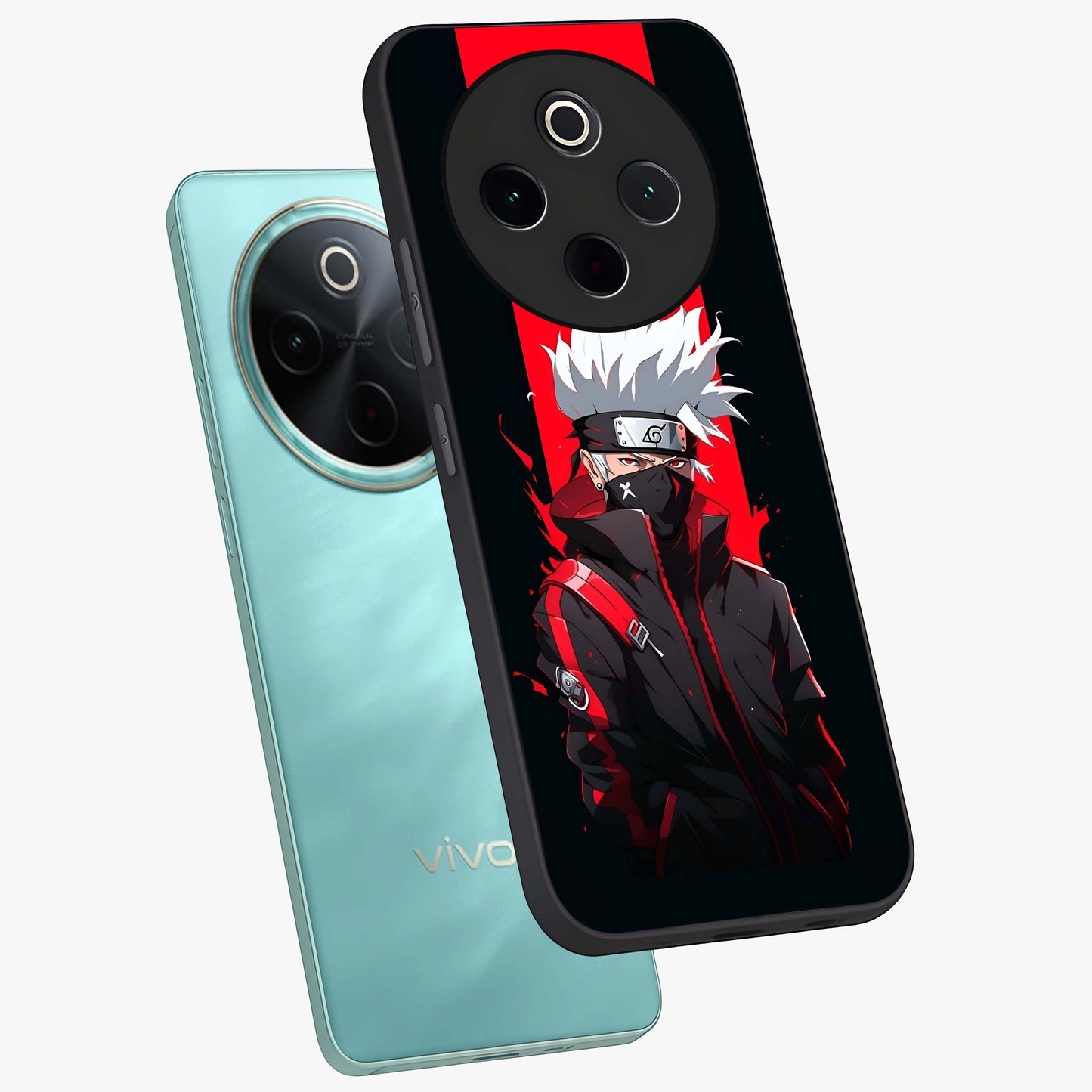 Kakashi Scarlet Shadow Glass Case displayed in angled mockup highlighting dramatic ninja illustration with scarlet themed aesthetic.