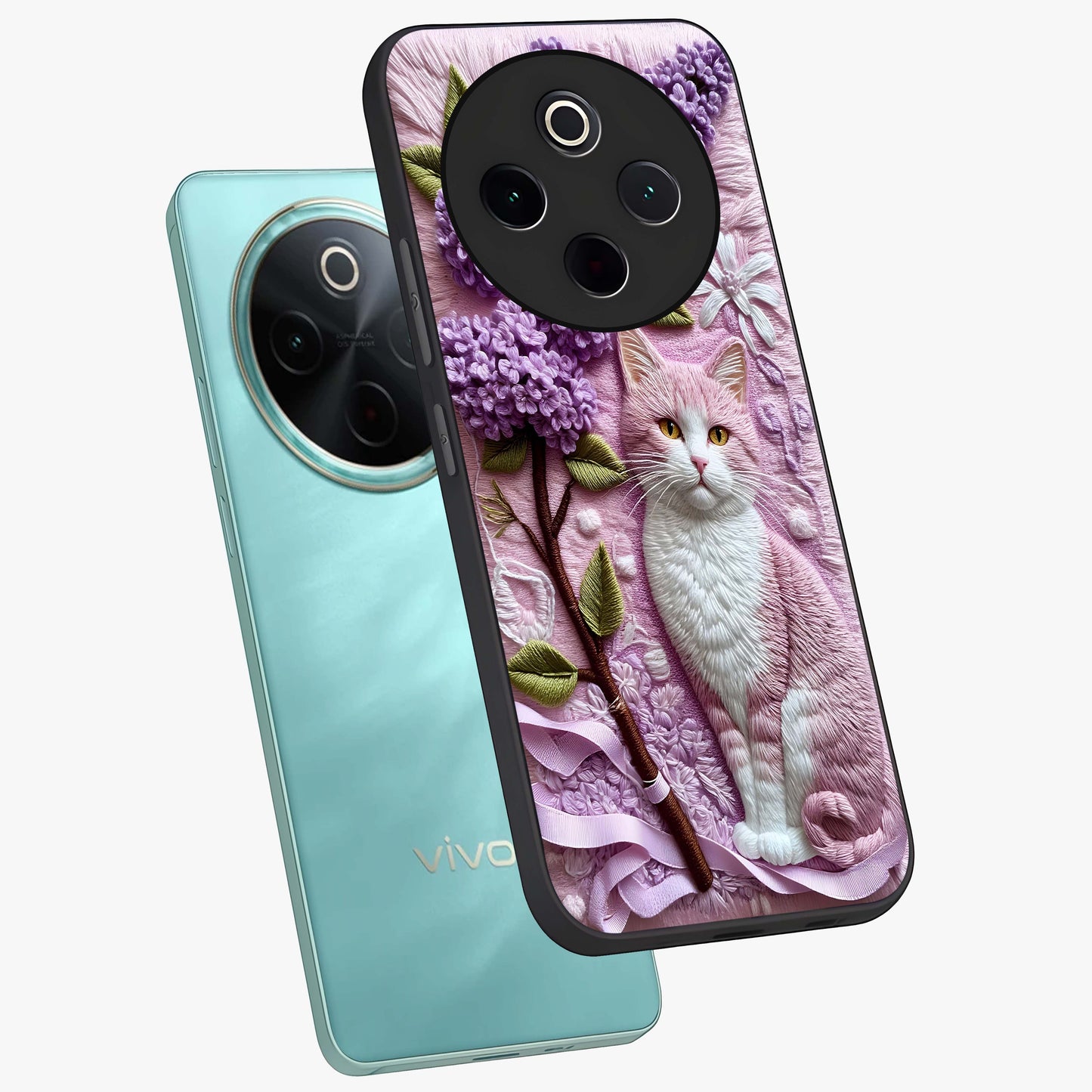 Lavender Cat Whimsy Glass Case displayed in angled mockup highlighting playful feline illustration with pastel lavender aesthetic.