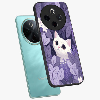 Lilac Hide Peek Cat Glass Case displayed in angled mockup highlighting playful feline illustration with lilac aesthetic design.