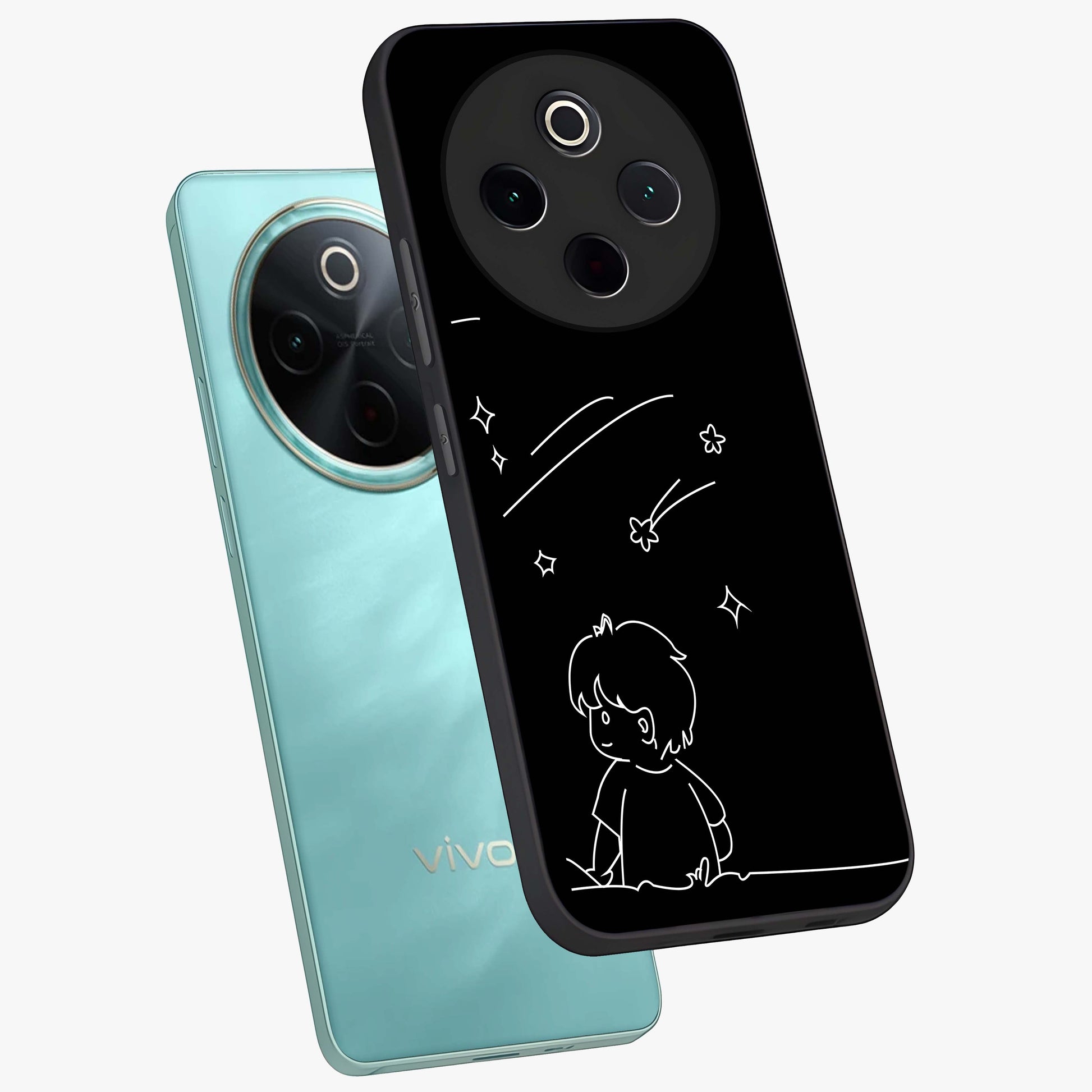 Line Art Boy With Shooting Stars Glass Case displayed in angled mockup highlighting elegant line art design with dreamy star aesthetic.