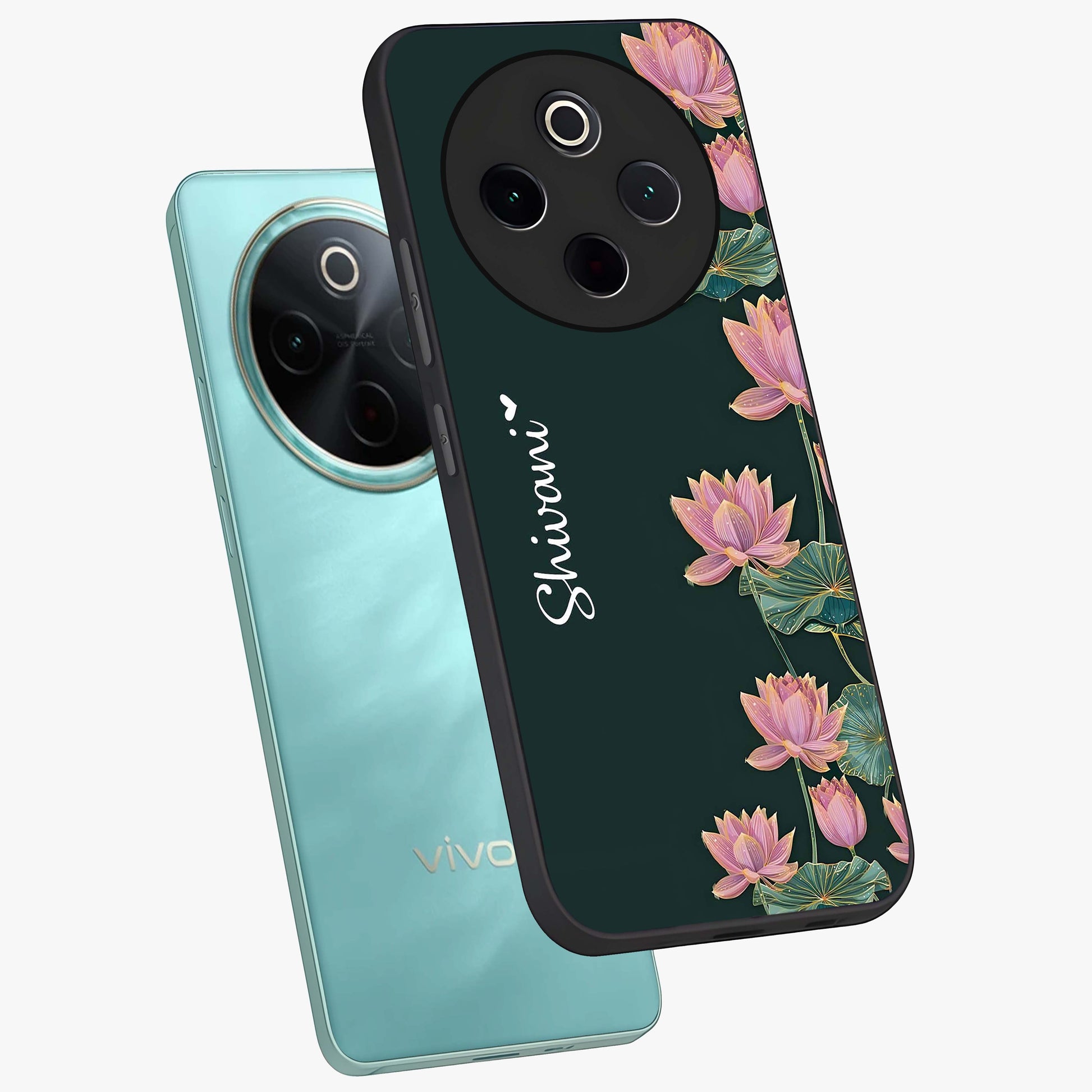 Lotus Bloom Serenity Custom Name Glass Case displayed in angled mockup highlighting graceful lotus illustration with custom name feature.