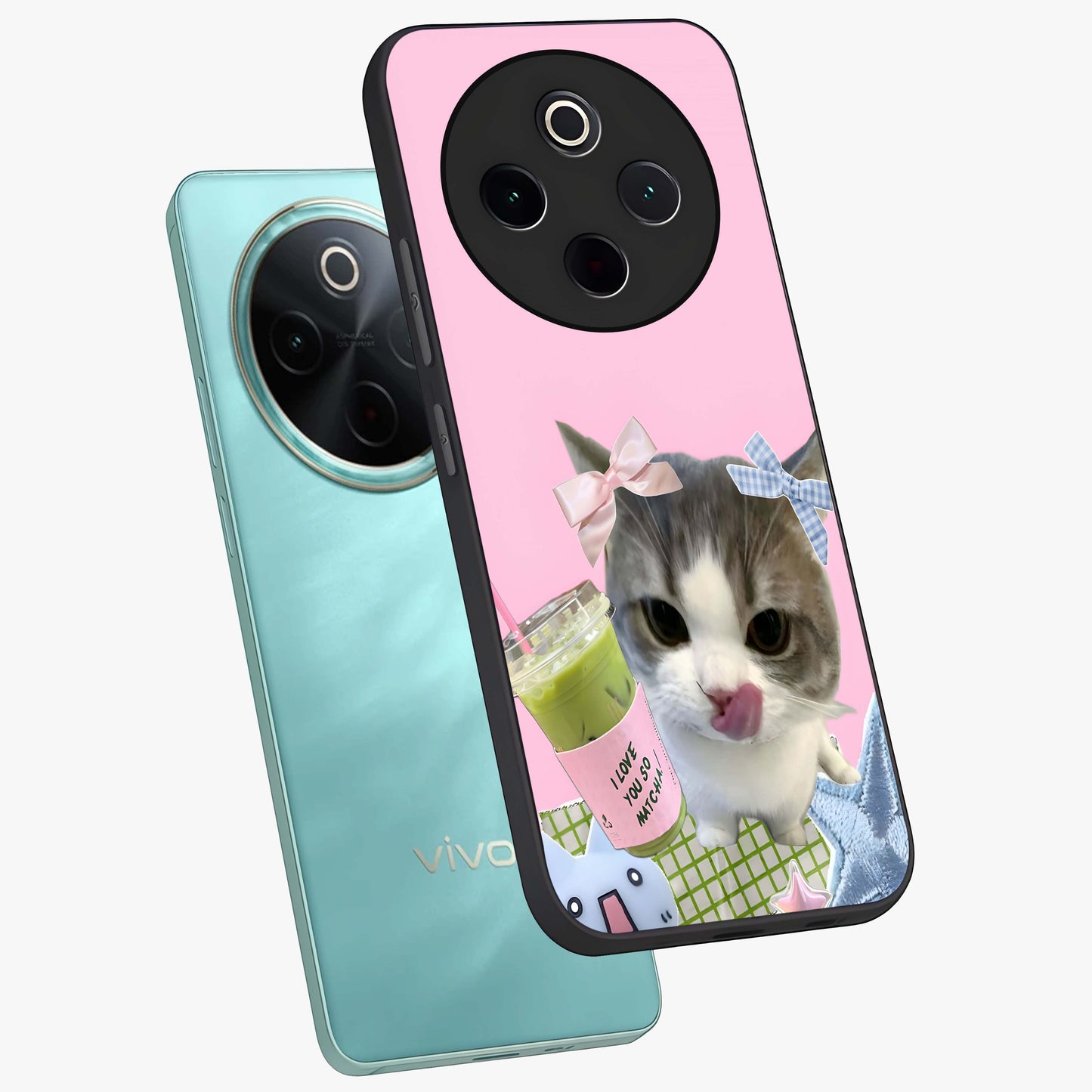 Love Matcha Cat Glass Case displayed in angled mockup highlighting playful feline illustration with cozy matcha aesthetic.