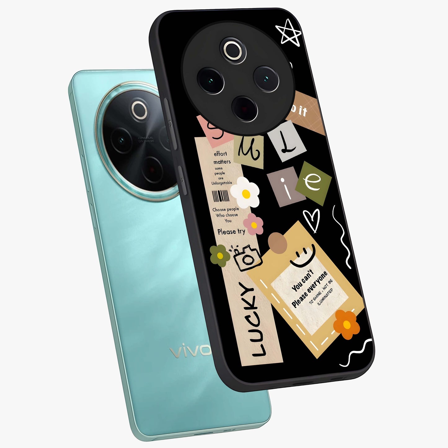 Lucky Aesthetic Collage Glass Case displayed in angled mockup highlighting stylish collage pattern with modern aesthetic vibe.