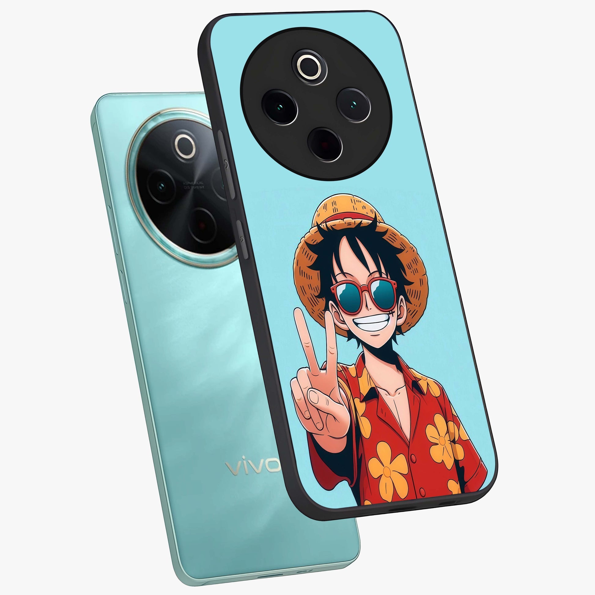 Luffy Summer Anime Vibe Glass Case displayed in angled mockup highlighting energetic anime illustration with summer vibe aesthetic.