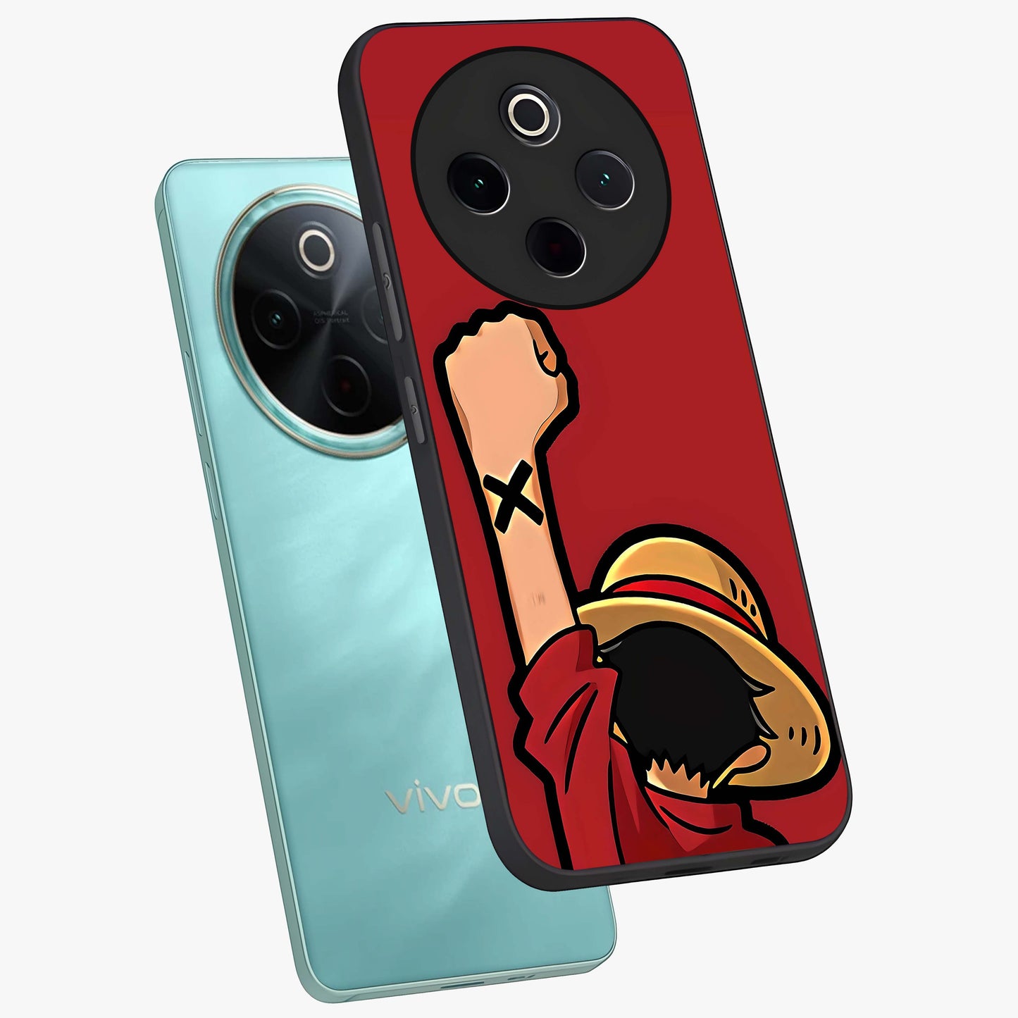 Luffy X Spirit Glass Case displayed in angled mockup highlighting powerful anime design with energetic action aesthetic.