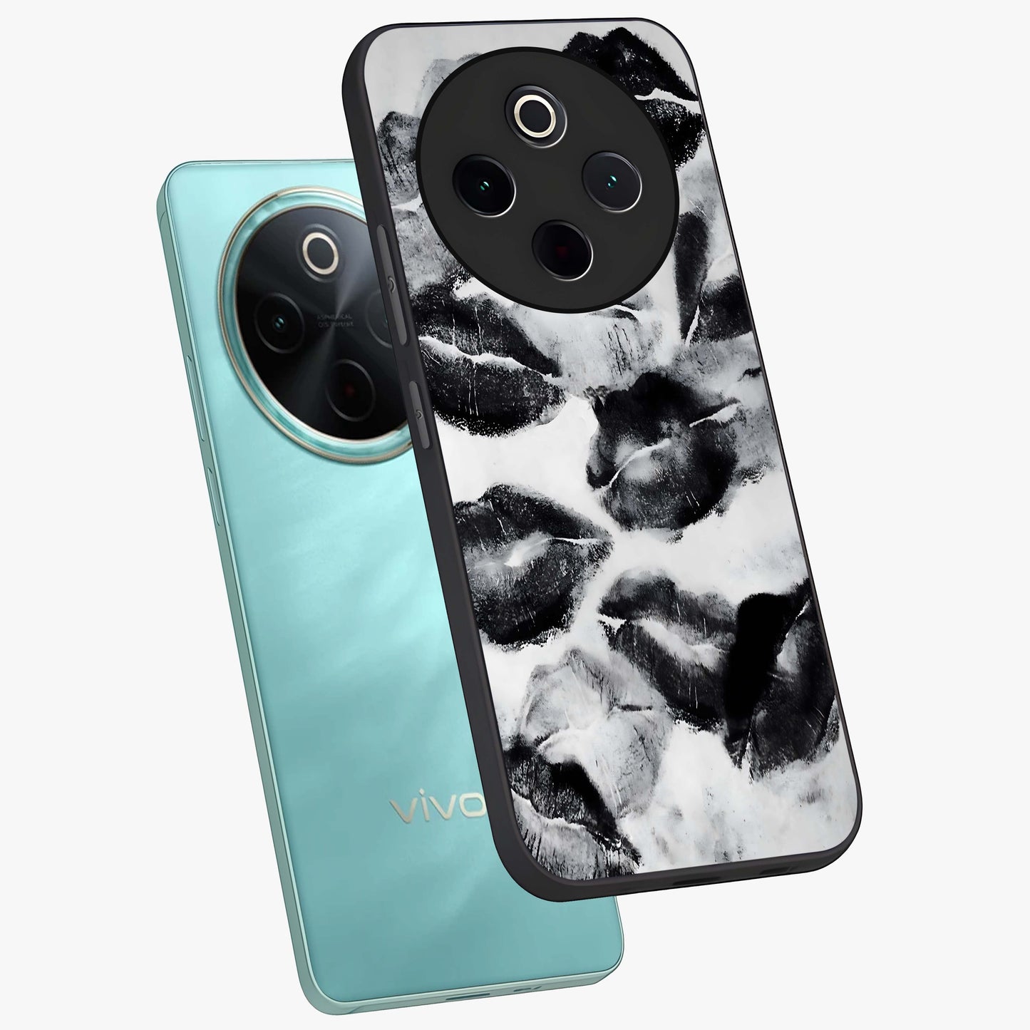 Midnight Kiss Marks Glass Case displayed in angled mockup highlighting playful romantic design with bold midnight aesthetic.
