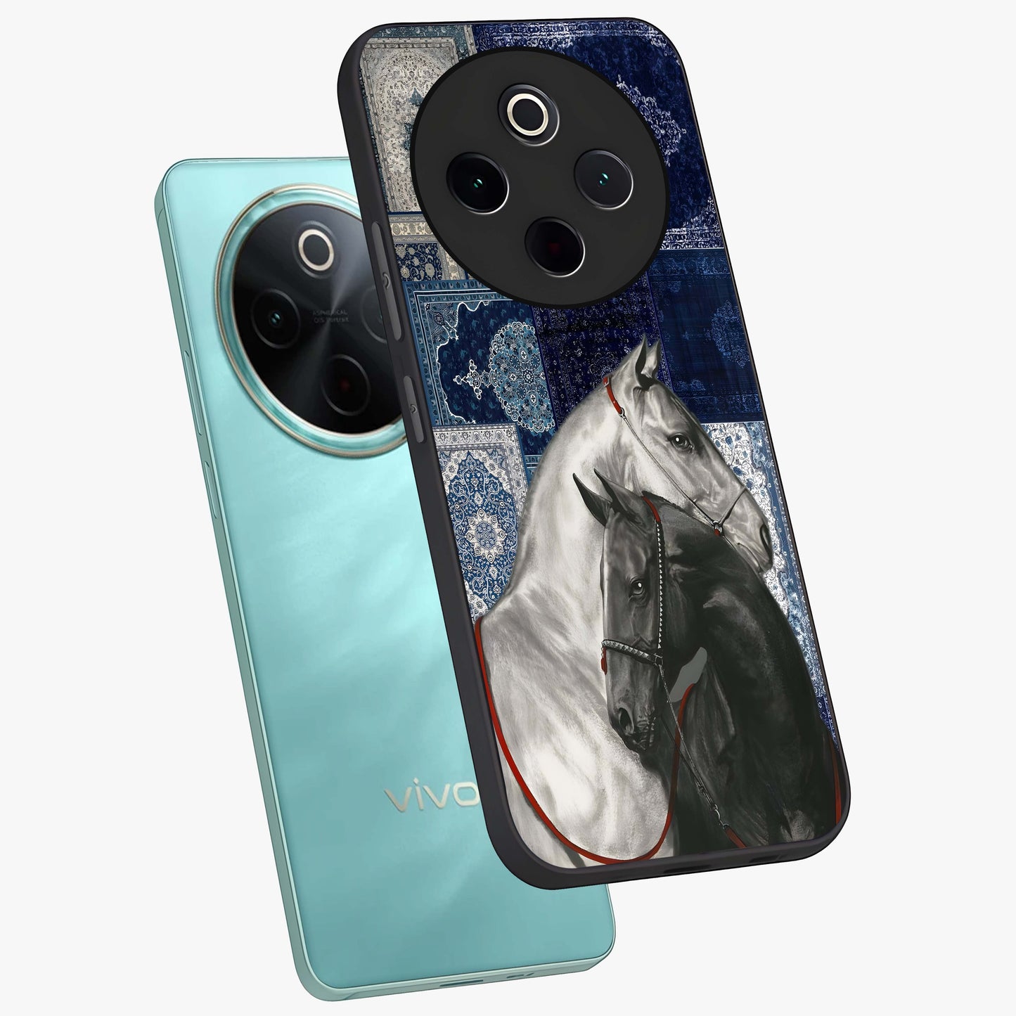 Midnight Stallion Blues Glass Case displayed in angled mockup highlighting powerful stallion illustration with deep midnight tones.
