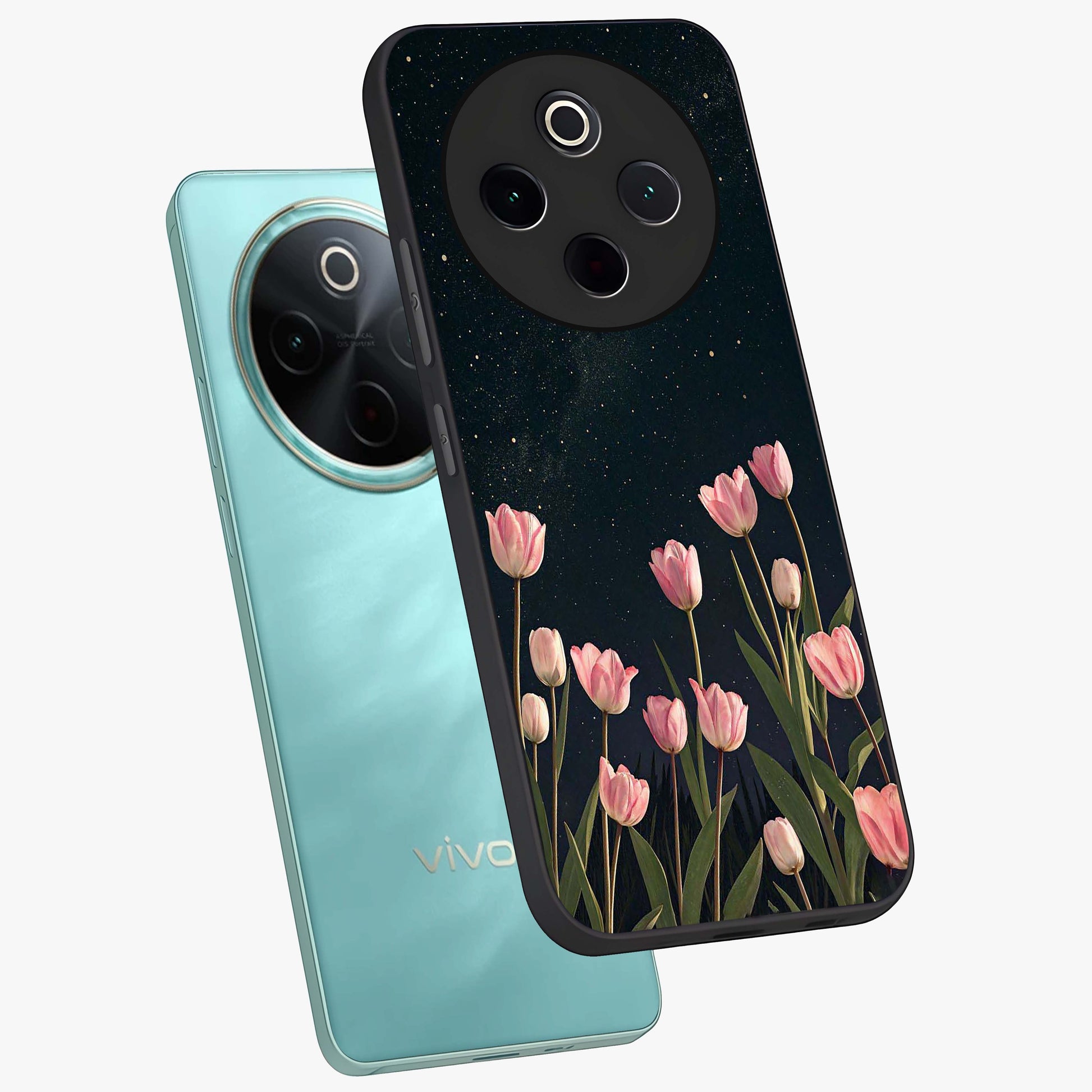 Midnight Tulip Whispers Vibe Glass Case displayed in angled mockup highlighting delicate tulip design with midnight floral aesthetic.