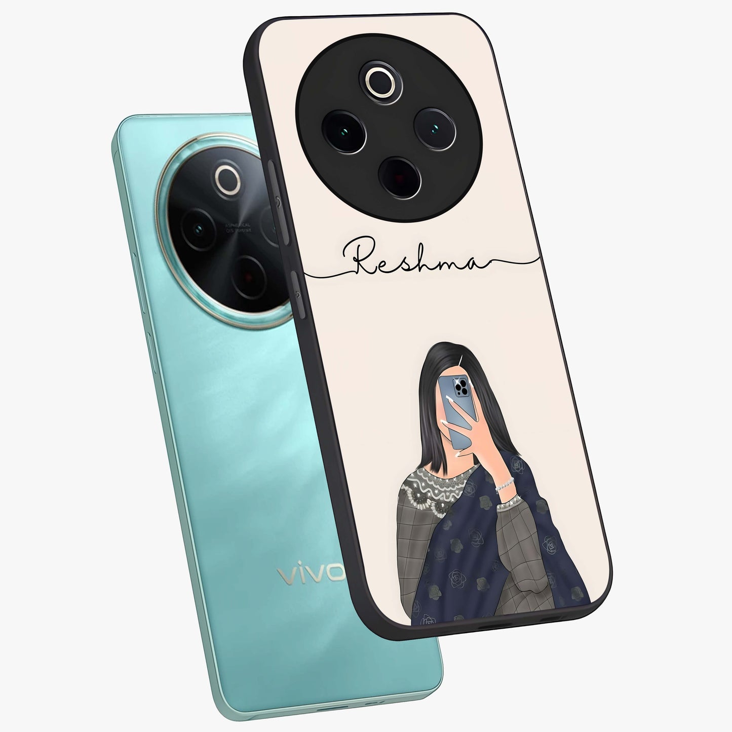 Mirror Mood Muse With Custom Name Glass Case displayed in angled mockup highlighting aesthetic mirror inspired design with custom name feature.