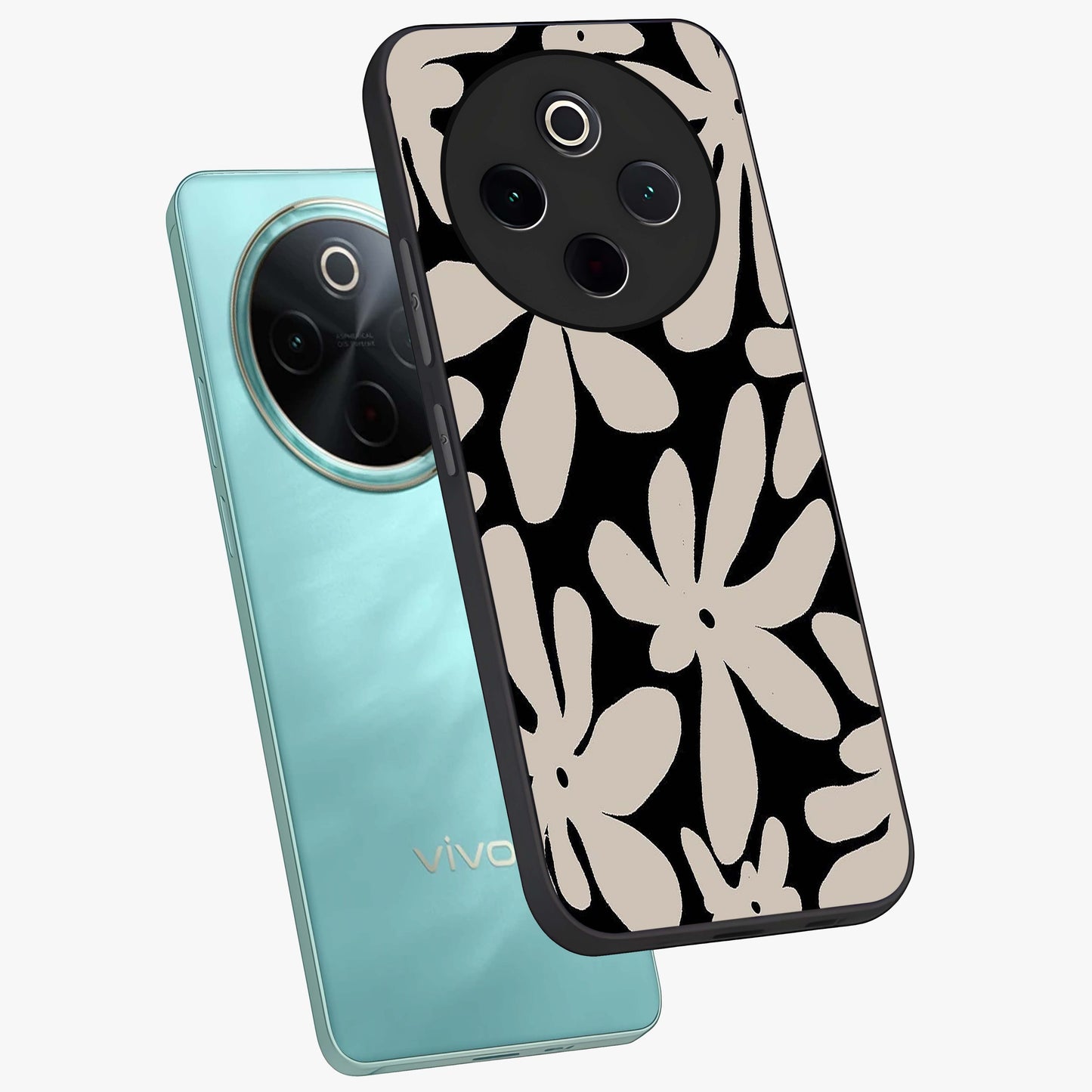 Monochrome Petal Dance Glass Case displayed in angled mockup highlighting elegant petal design with black and white aesthetic.