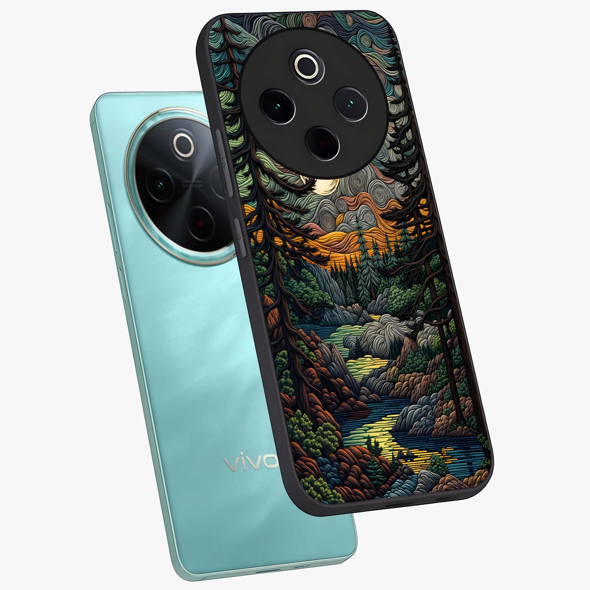 Moonlight Forest Dream Glass Case displayed in angled mockup highlighting dreamy forest design with glowing moon aesthetic.