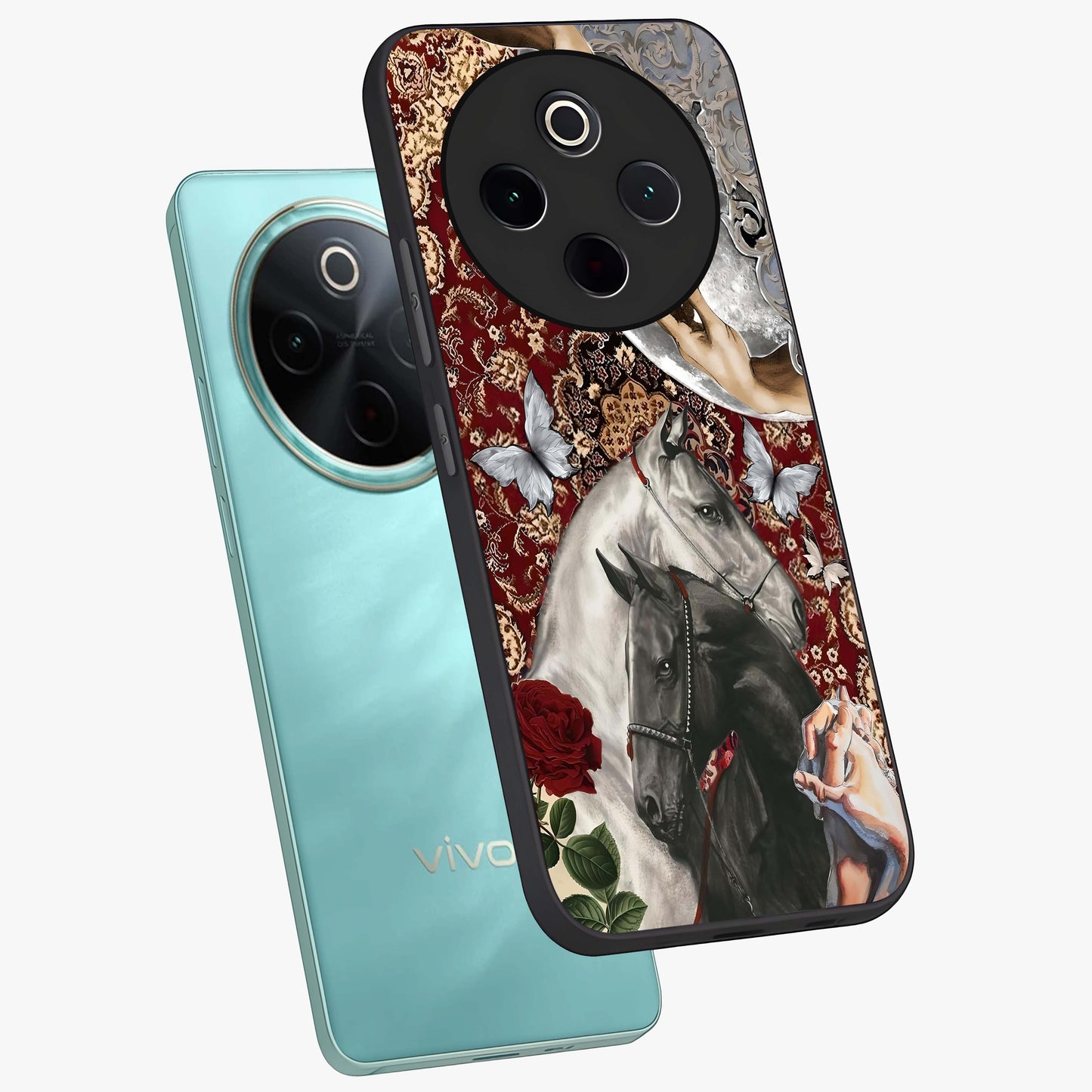 Moonlit Royal Stallion Glass Case displayed in angled mockup highlighting powerful stallion illustration with royal night aesthetic.