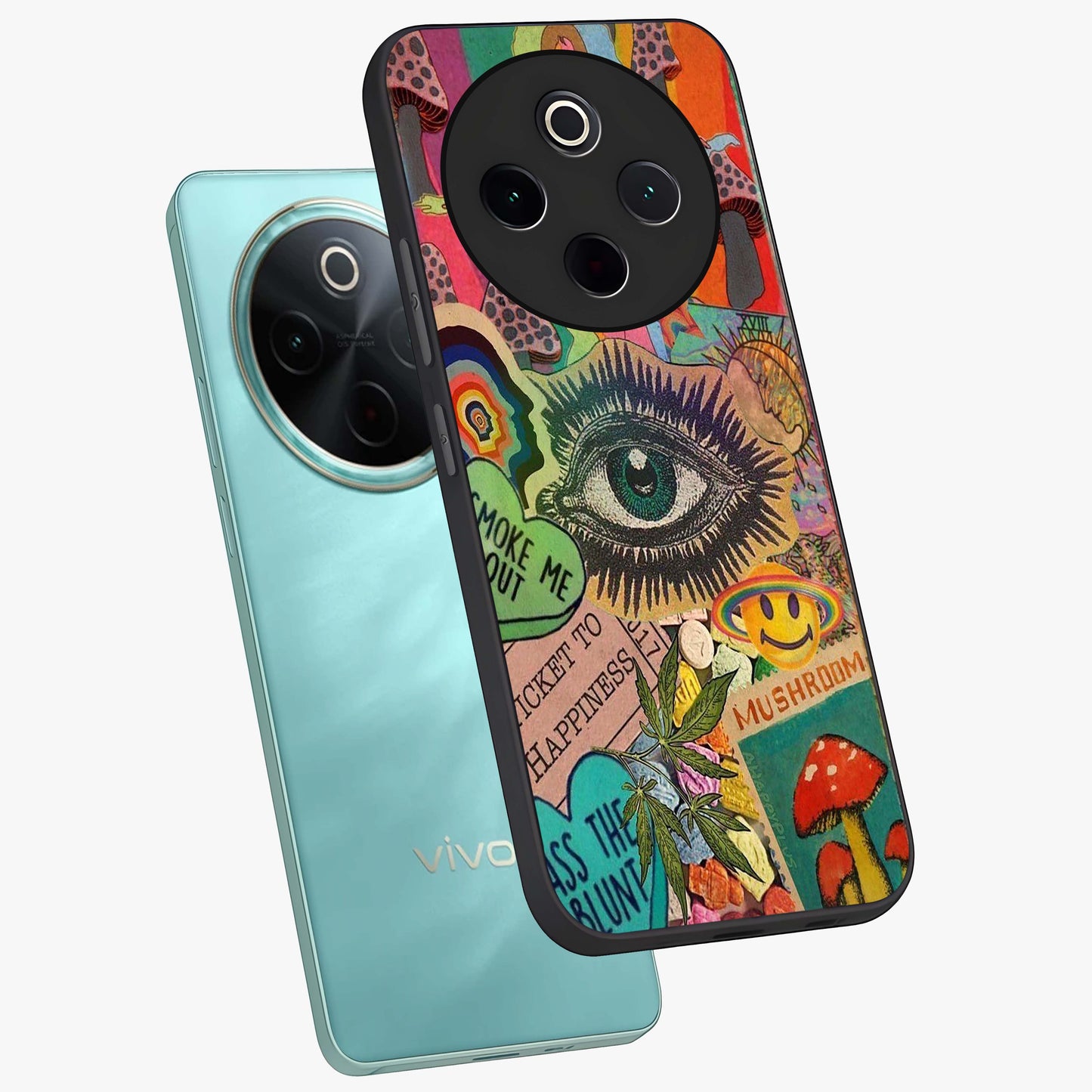 Mystic Eye Wonderland Glass Case displayed in angled mockup highlighting magical eye illustration with dreamy aesthetic.