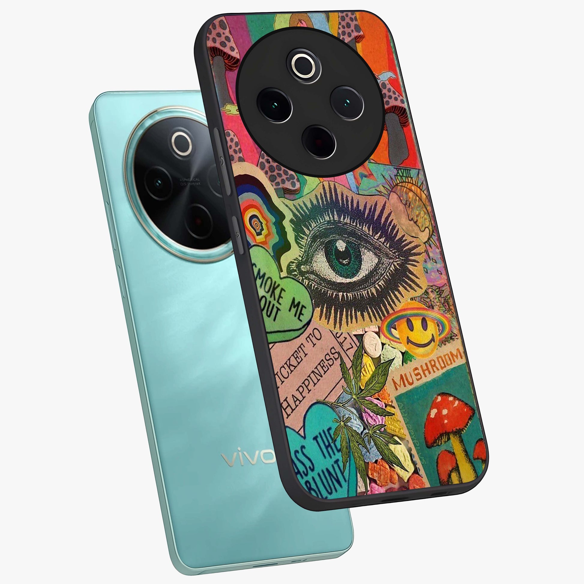 Mystic Eye Wonderland Glass Case displayed in angled mockup highlighting magical eye illustration with dreamy aesthetic.