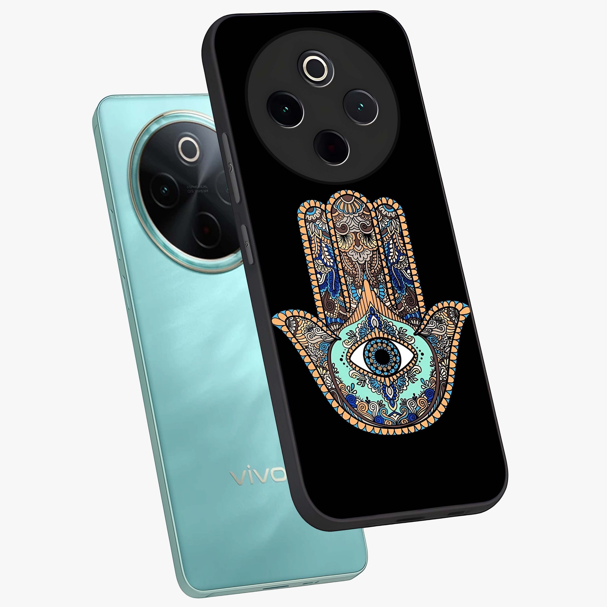 Mystic Hamsa Eye Glass Case displayed in angled mockup highlighting spiritual hamsa symbol with mystical aesthetic style.