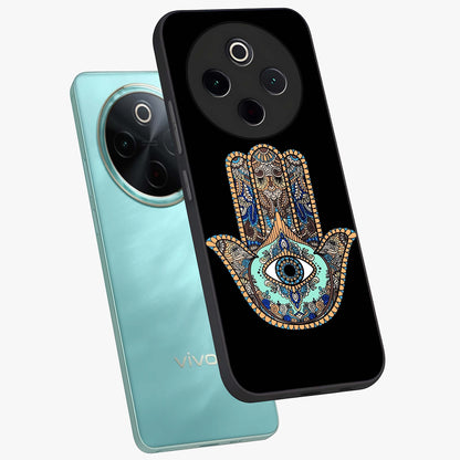 Mystic Hamsa Eye Glass Case displayed in angled mockup highlighting spiritual hamsa symbol with mystical aesthetic style.