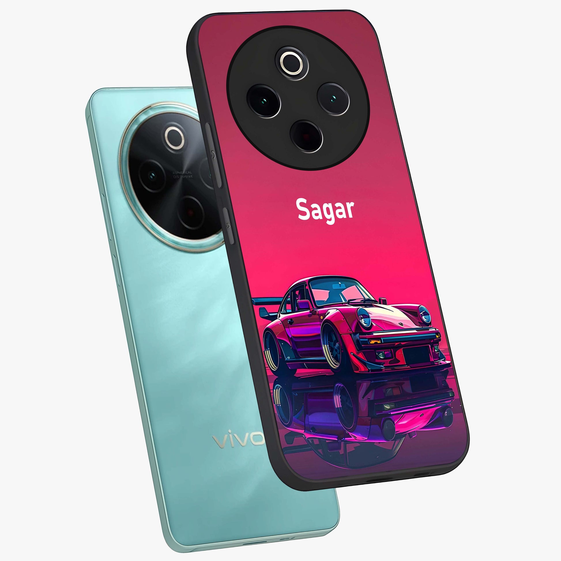 Neon Pink Porsche Glass Case displayed in angled mockup highlighting sleek neon pink car design with racing aesthetic.