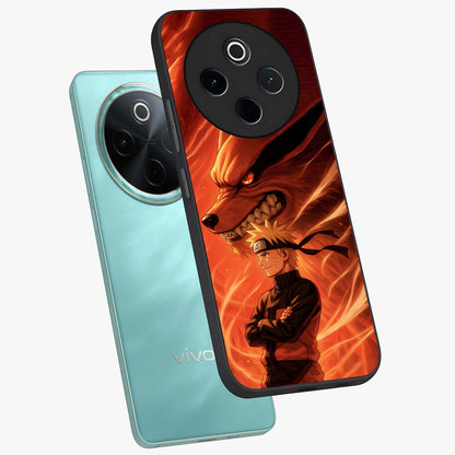 Nine Tails Legacy Glass Case displayed in angled mockup highlighting dynamic anime beast illustration with bold mystical aesthetic.