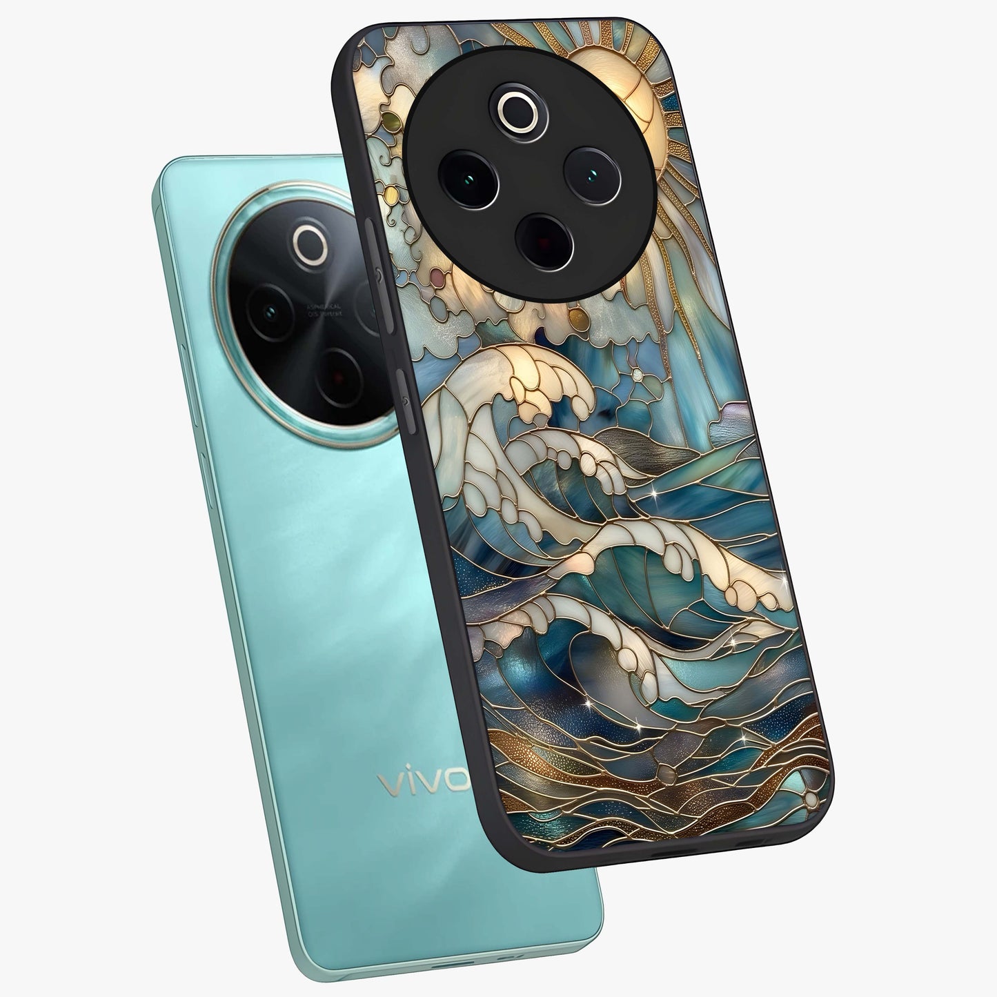Oceanic Stained Printed Glass Case displayed in angled mockup highlighting colorful aquatic design with artistic aesthetic style.