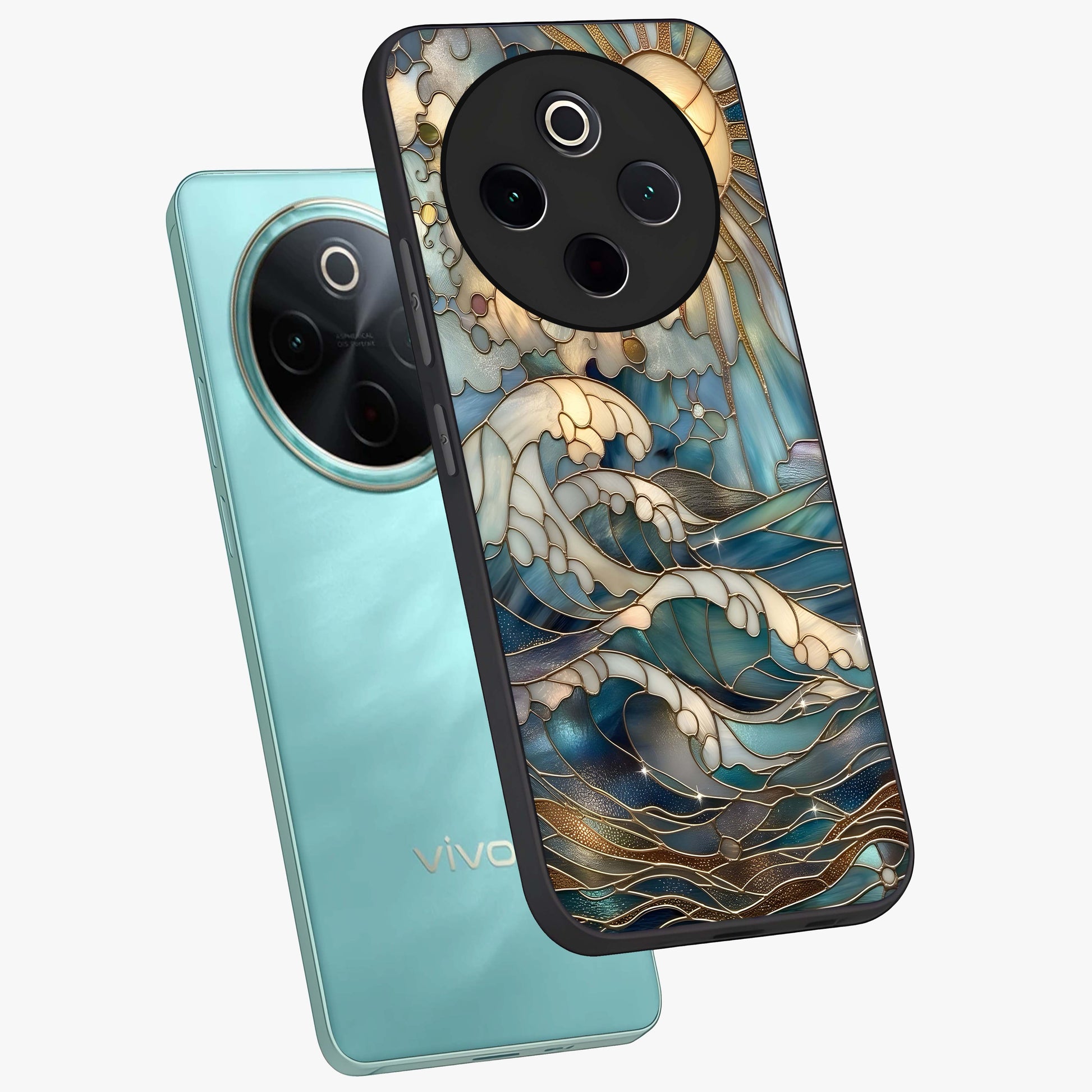 Oceanic Stained Printed Glass Case displayed in angled mockup highlighting colorful aquatic design with artistic aesthetic style.