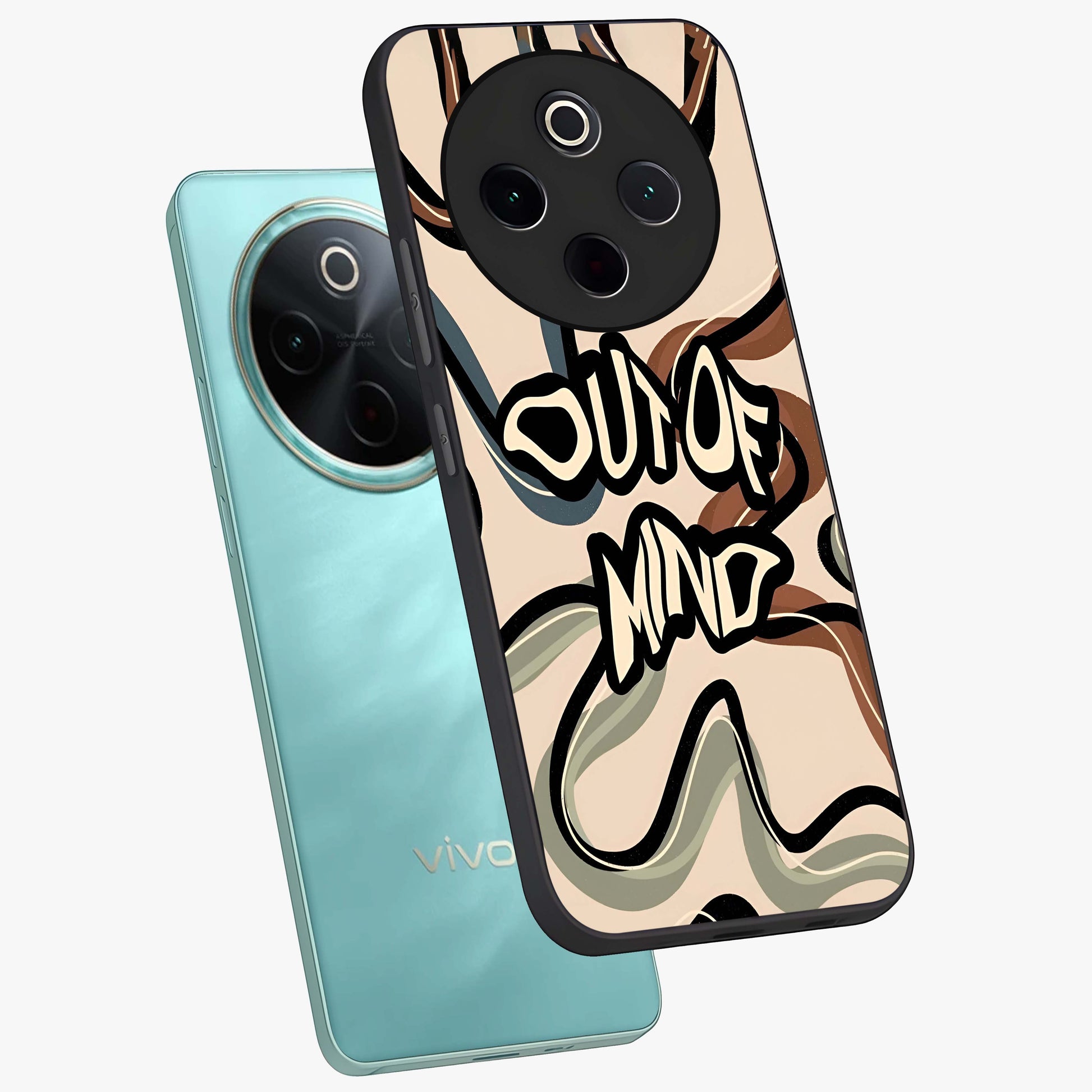 Out Of Mind Glass Case displayed in angled mockup highlighting bold statement design with modern artistic aesthetic.