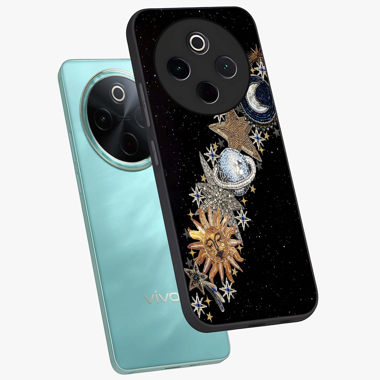 Pearls Universe Object Glass Case displayed in angled mockup highlighting celestial pearl design with dreamy aesthetic.
