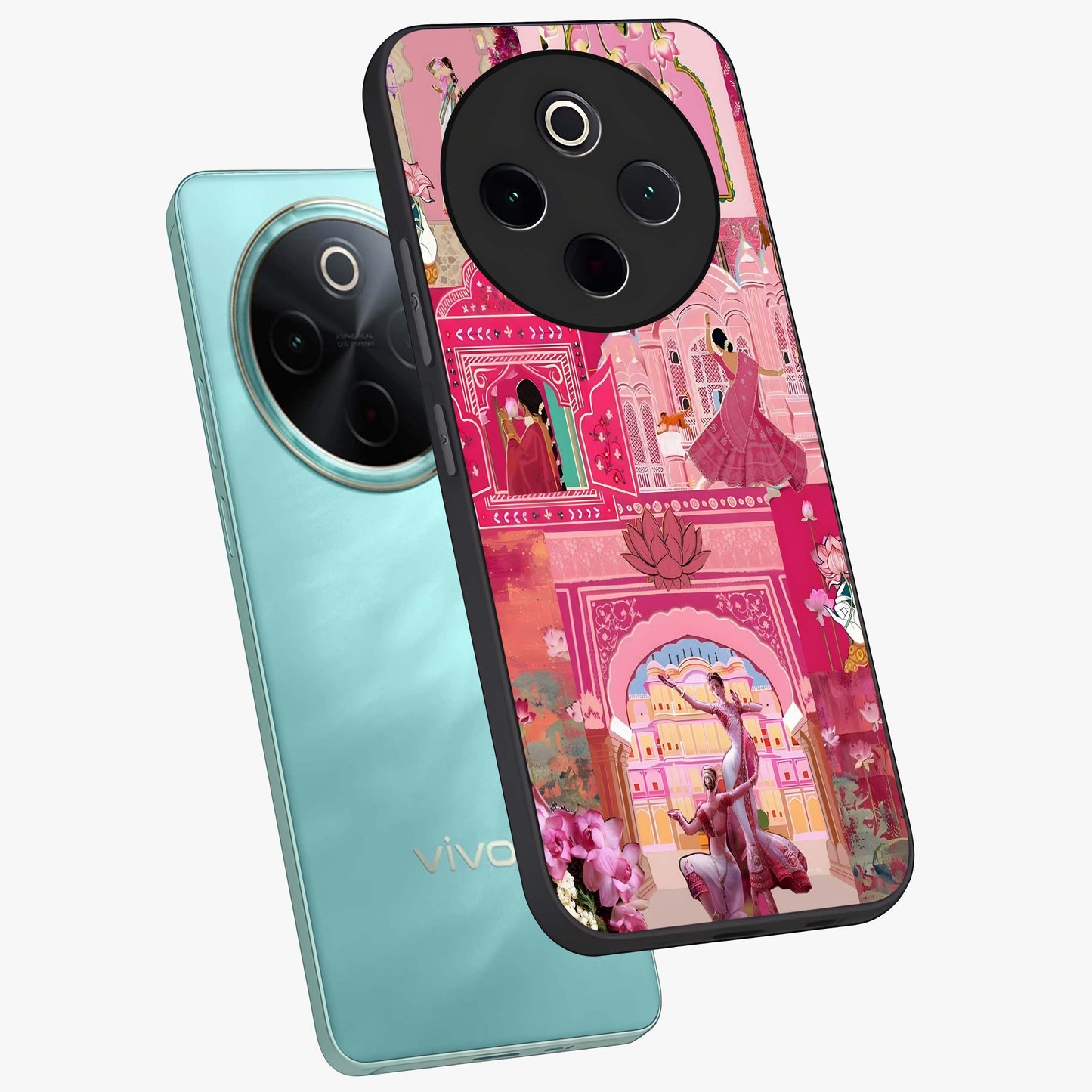 Pink Palace Muse Glass Case displayed in angled mockup highlighting dreamy palace illustration with soft pink aesthetic.