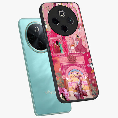 Pink Palace Muse Glass Case displayed in angled mockup highlighting dreamy palace illustration with soft pink aesthetic.