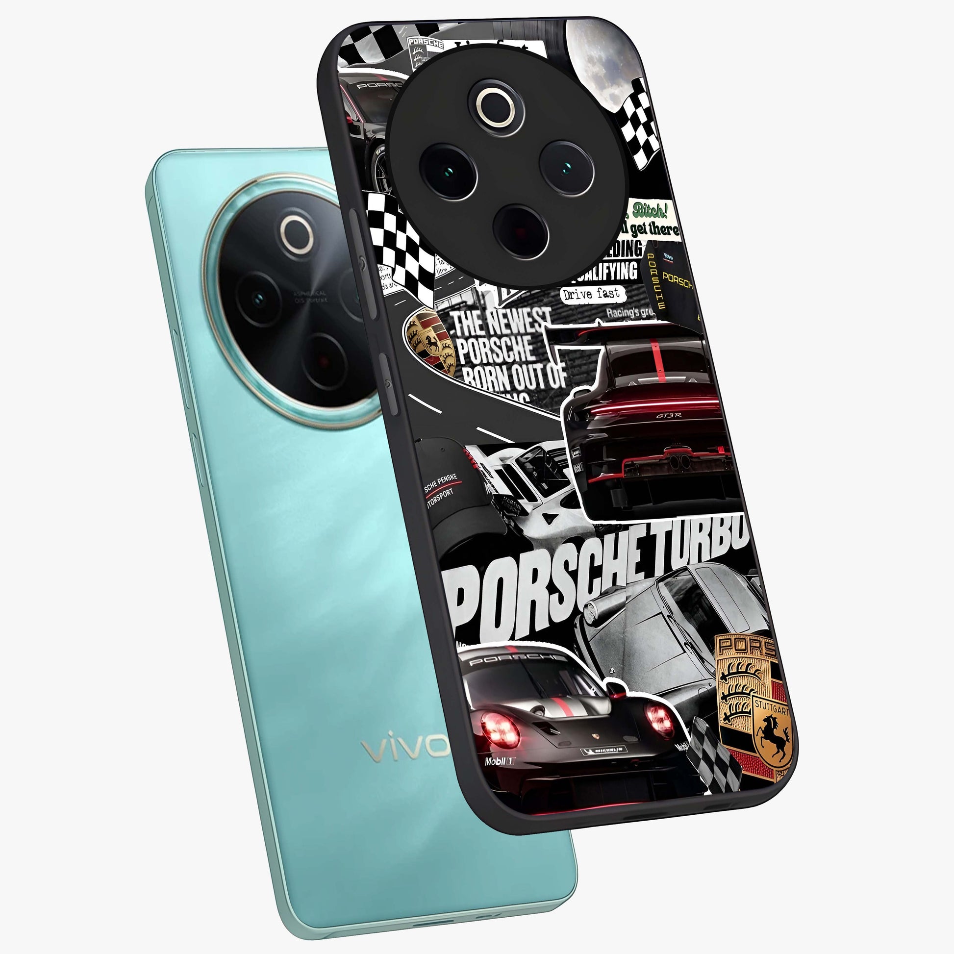 Porsche Racing Collage Glass Case displayed in angled mockup highlighting dynamic automotive design with bold racing aesthetic.