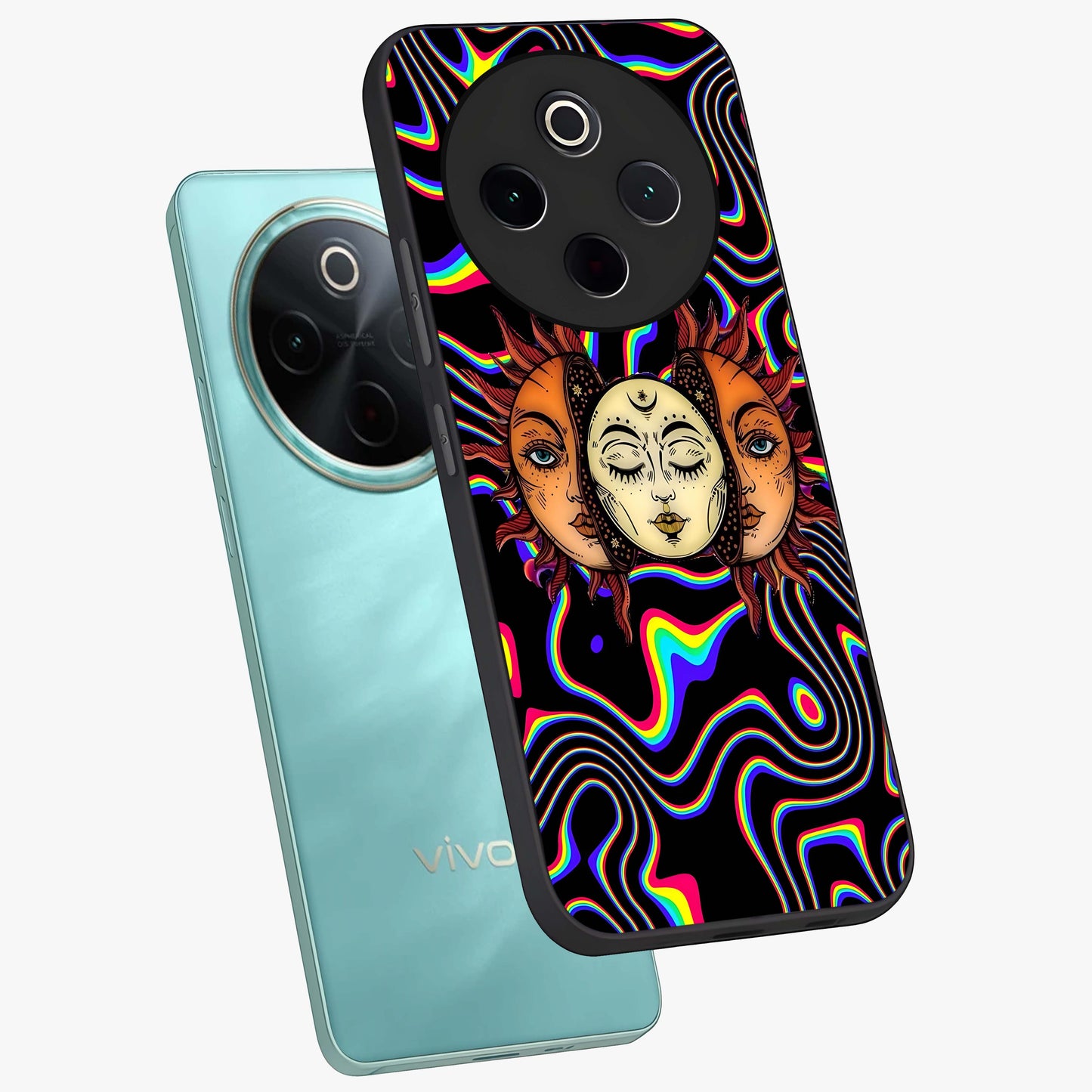 Psychedelic Sun Glass Case displayed in angled mockup highlighting vibrant abstract sun design with artistic aesthetic style.