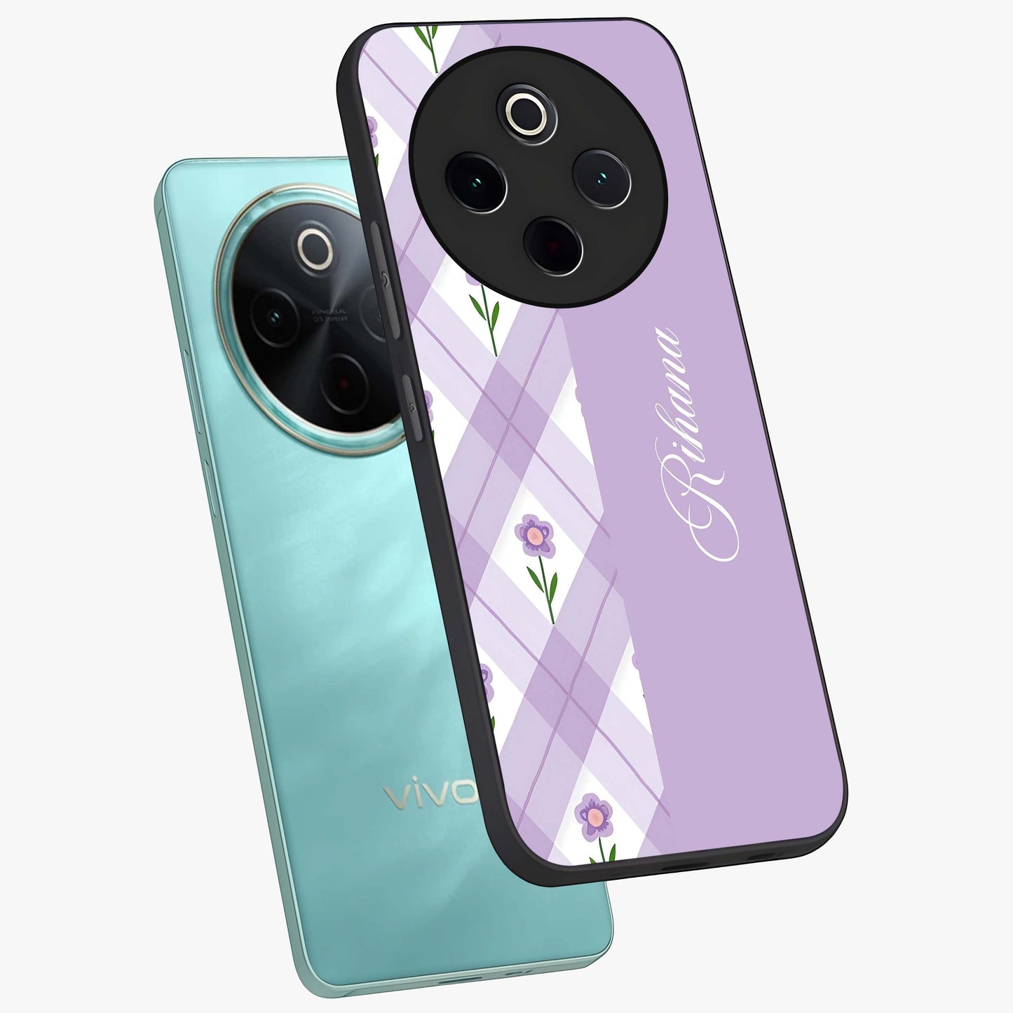 Purple Diamond Floral Glass Case displayed in angled mockup highlighting elegant purple flower design with decorative pattern.